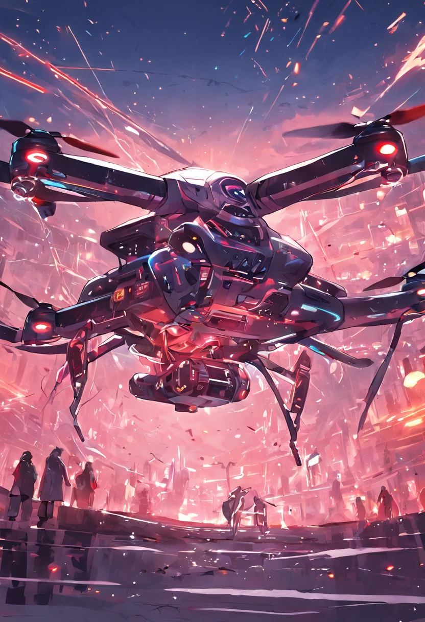 Quadcopter UAV，cyber punk style，illustration，Thrilling battles，Flight stability，Unique perspective，Dynamic graphics，Full of technology，Amazing。