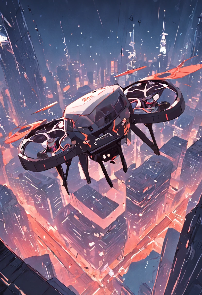 Quadcopter UAV,cyber punk style,illustration,Thrilling battles,Flight stability,Unique perspective,Dynamic graphics,Full of technology,Amazing。
