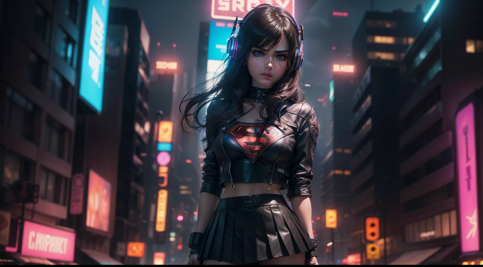 Best quality, realistic, brunette, award-winning Supergirl illustration, (complicated detail: 1.2), (fine detail), (complicated detail), (cinematic lights, best quality backlight), sharp lines, sharp focus, official art, unit 8k wallpaper, absurd, unbelievably absurd, huge file size, ultra- (in_main_street:1.21), (neon lamp), fantasy art, rtx,((triangle closeup photo by award-winning studio)), upergirl, very pretty, (shut up), small br((Cyberpunk city Street, Battle Maiden)), perfect hands, beautiful detailed blue eyes, Perfect Face, short black hair (Cyberpunk blouse, leather jacket, Martin boots) ,,(headphones_around_hair),((pleated skirt) ), ((supermodel pose)),