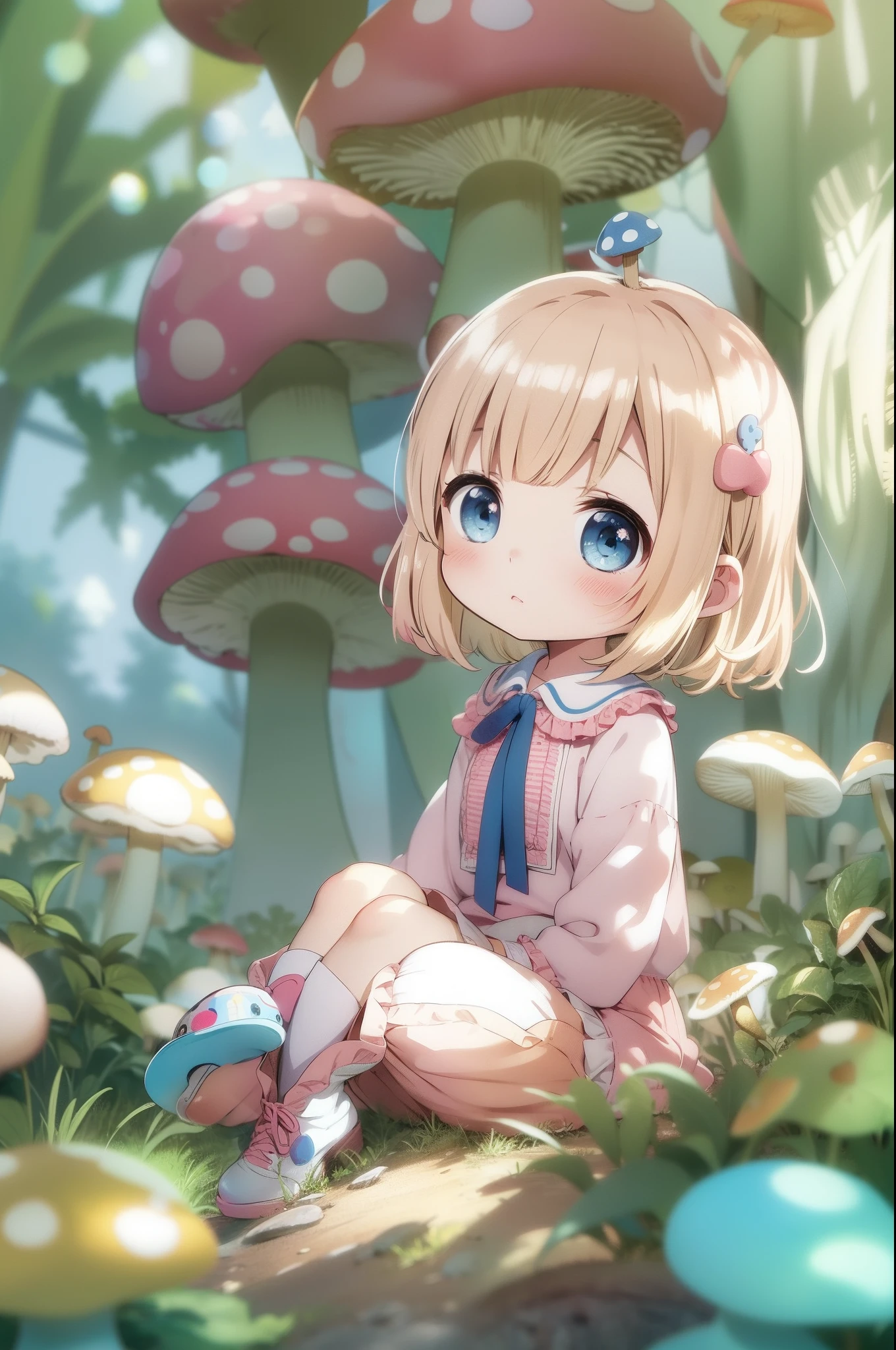 blonde hair, chibi girl, blue ribbon, blush, blue eyes, from below, short hair, blush, soft focus, full body, mushroom on head
