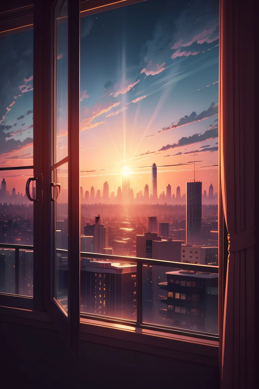 there is a room with a view of the city at night, scenery wallpaper aesthetic, wallpaper aesthetic, beautiful aesthetic art, beautiful and aesthetic, lofi artstyle, beautiful cityscape, lofi art, cozy wallpaper, anime background art, cityscape in the window, watching the sun set. anime, anime aesthetic, lo-fi illustration style, city sunset, lofi aesthetic