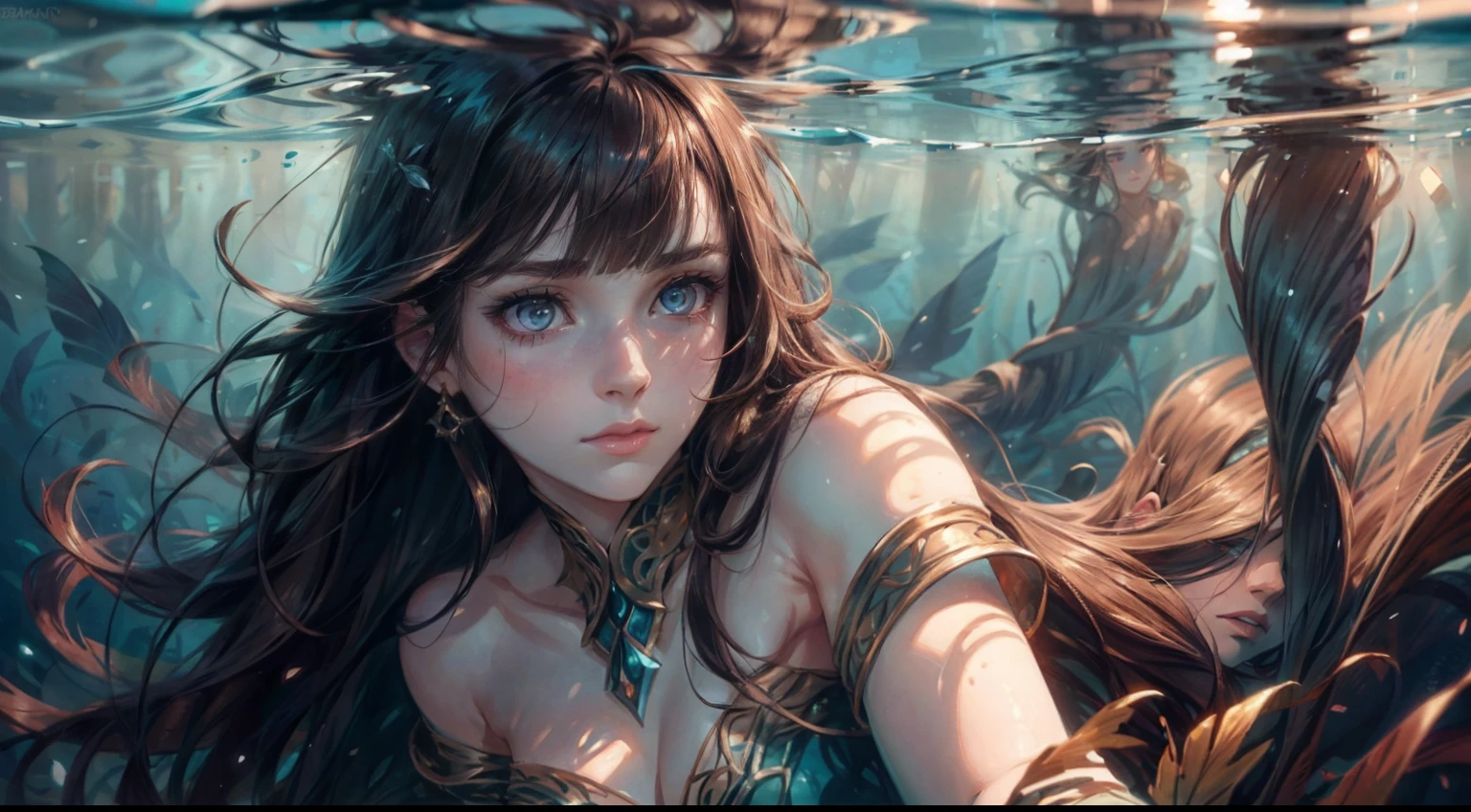 illustrationof an extremely beautiful woman, detailed eyes and face,pale skin, long darkbrown hair, blunt bangs, over shoulder view, realistic lighting, high contrast shadow, submerged in the ocean, sunset, simmed light, surrounded by amesmerizing underwater world