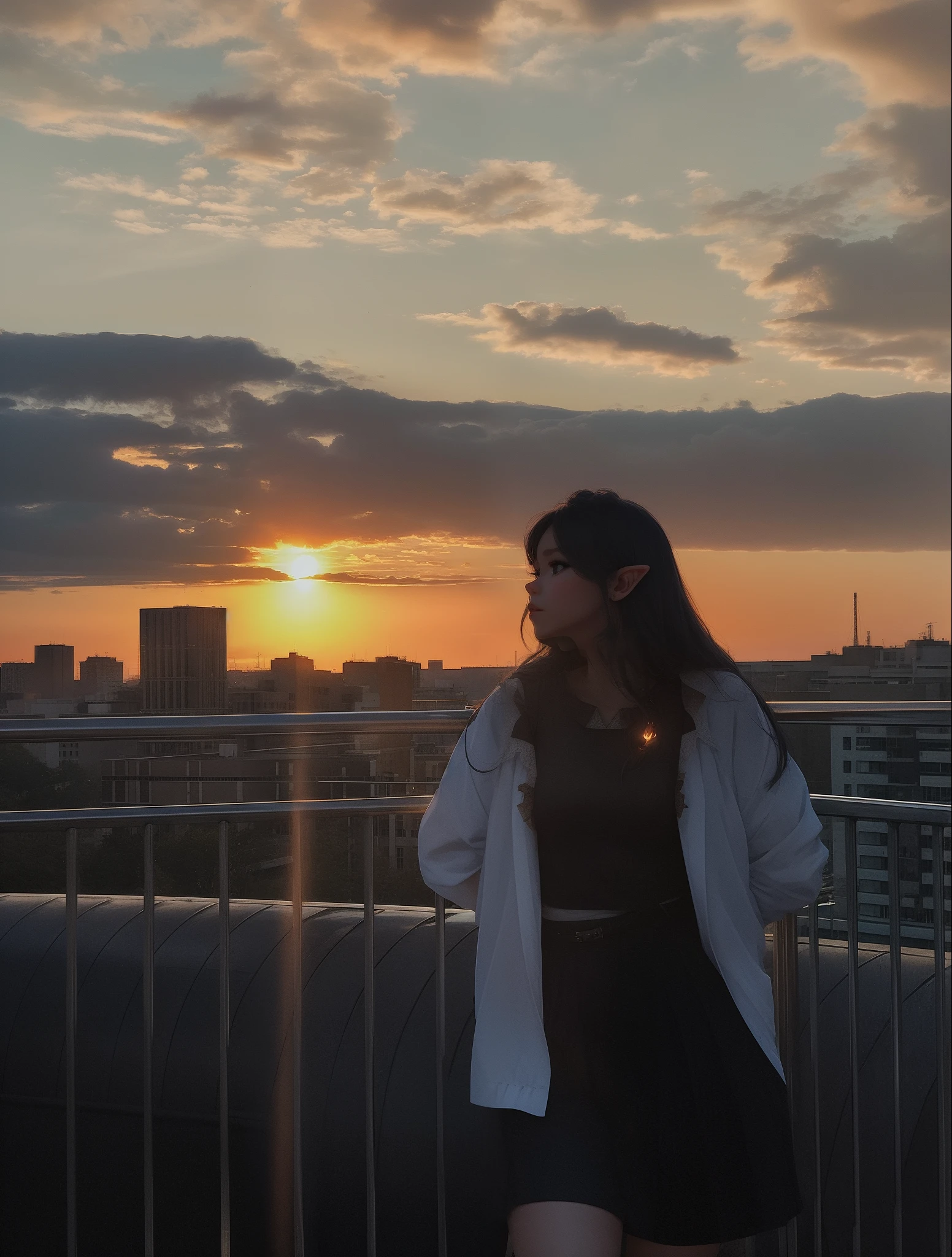 ((mid night、top-quality、8k、masterpiece:1.3)), full bodyesbian, long legged, foco nítido:1.2, Beautiful woman with perfect body shape:1.4, Slender Abs:1.1, ((dark brown hair、pony tail hairstyle、huge tit:1.2)), (White tight t-shirt、 sitting on:1.2), ((Night City View、On the rooftop:1.3)), Highly detailed facial and skin texture, A detailed eye, 二重まぶた、Jaw raised