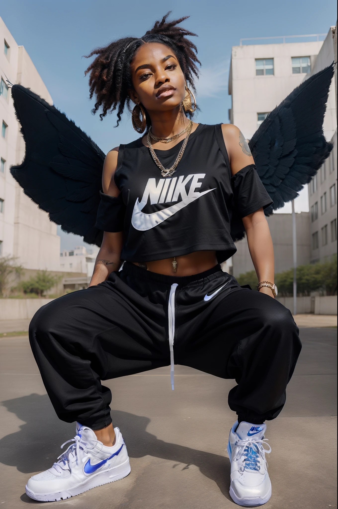 the chosen one high and mighty deity devine holy goddess black rapper female angel with huge wings wearing baggy saggy hip hop urban clothing nike sneakers in the clan of hip hop breakdancing on a cloud