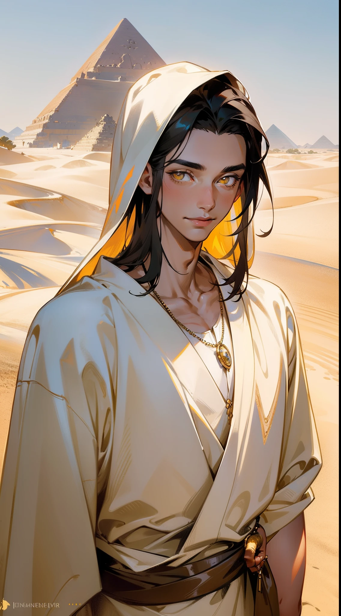 realistic, masterpiece, best quality, colorful,(finely detailed beautiful eyes and detailed face), delicated smile, happy eyes, nature lighting, extremely detailed CG unity 8k wallpaper, 1boy, tall muscular guy, Clothes: white robe with colorful jewelry fill around shoulders, naked upper body. Accessories: necklace, bracelet. Appearance: long black hair, light colored pupils, yellow eyes, Tan skin, Hair slicked up, Head tilted slightly to one side, flying bangs, handsome, background: desert, pyramid, sand, sun, morning. ancient Egypt style, Egypt, mature man