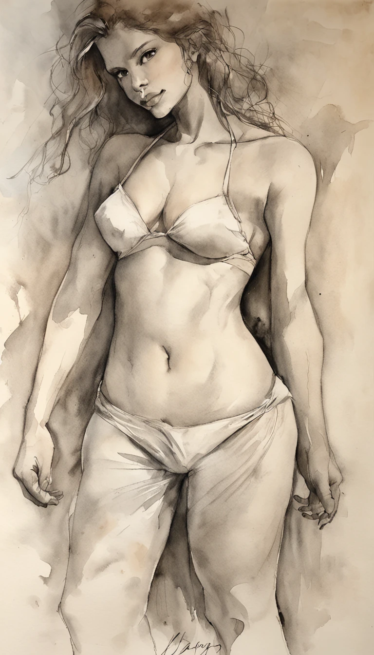 um desenho de uma mulher, artistic , , a charcoal drawing by William Twigg-Smith, CGSetnação, arte figurativa, Aquarela, desenho colorido, dynamic pose, corpo inteiro, Aquarel e Tinta