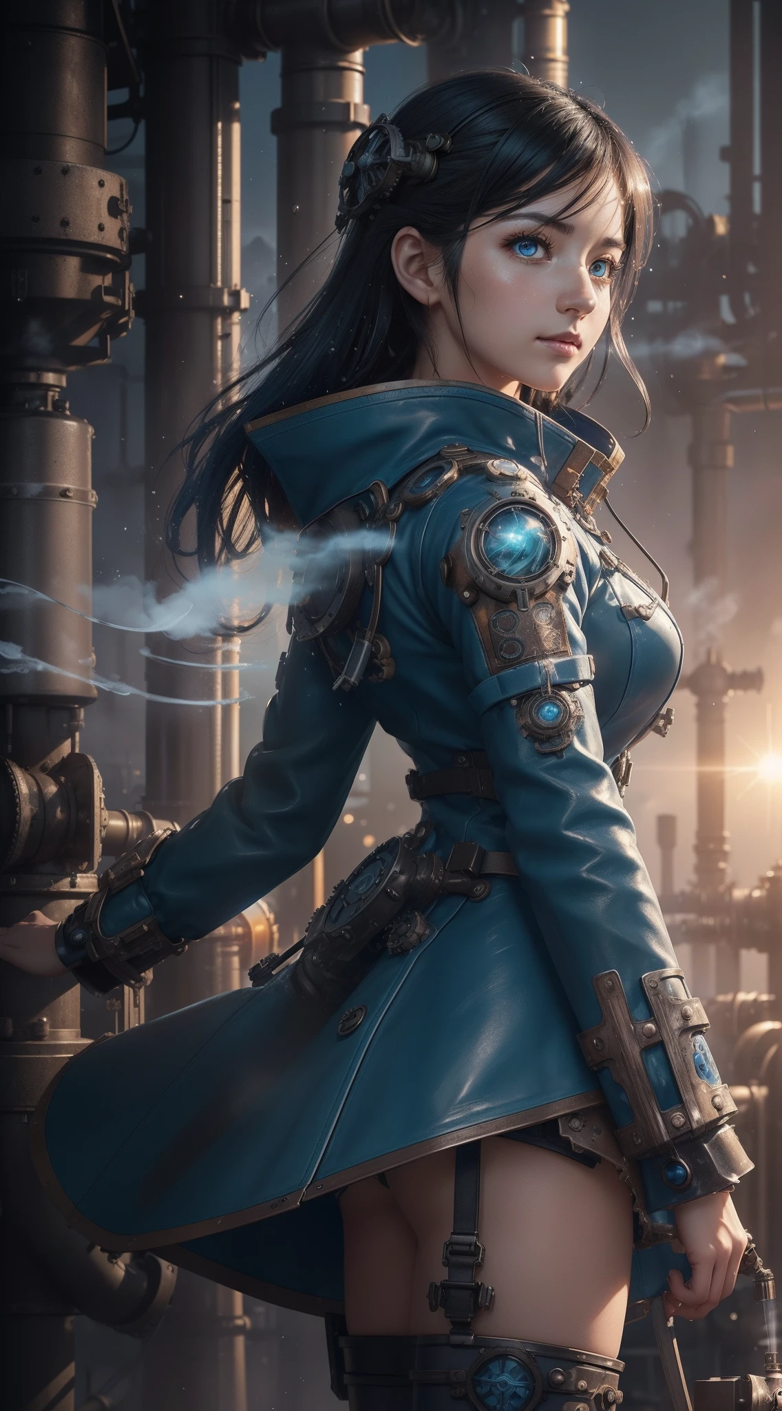 masutepiece, Ultra High Resolution, Top resolution, Accurate rendering, Beautiful and smooth depiction, Overhead view, Very cute woman in anime style, Autumn makeup, Very beautiful eyes, Wearing a high-level dress in steampunk style, Costume with built-in water cooling mechanism, Blue straight hair, ((Intricately designed piping and gear, Sky blue leather coat adorned with countless gears and chronometers, Full body, Abundant steam, by lake)), zoomout, high sky, Galaxy Images, Perspective, ((Faint smile)), Countless luminous drawings, (((A retro European-style industrial city surrounded by rugged valleys, Countless factories, An industrial city built with countless gears and pipes, Bright city decorated with nixie lights, Steam overflow, Spatial expanse, Sunlight is covered with steam, Random structure))), (((collapse, radiant light, Splash expression))), Cleanly rendered, Smooth Rendering, Detailed rendering, ink drops, Anticipation of destruction,