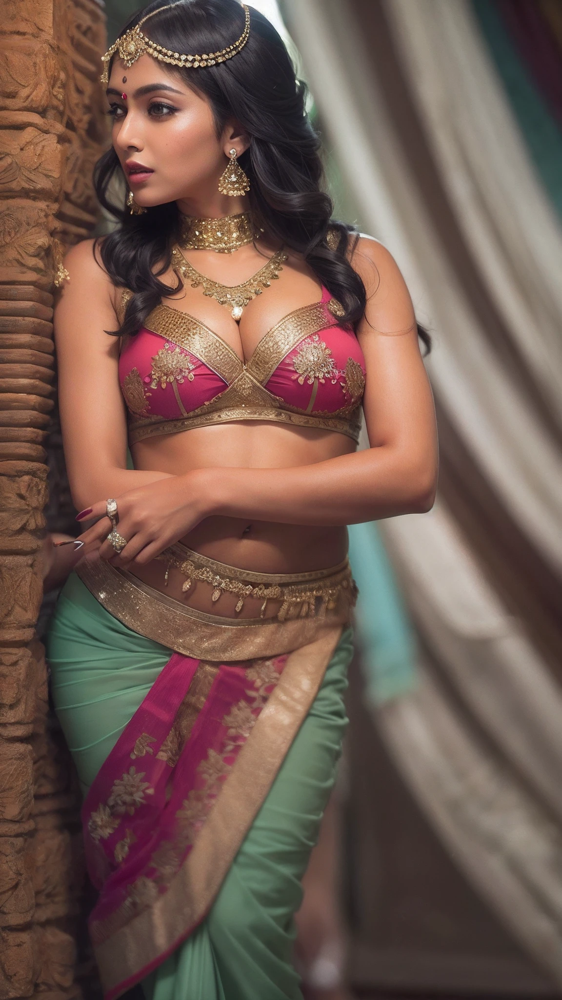 a woman in a sari posing for a picture, indian goddess, traditional beauty, indian, beautiful goddess, ornate cosplay, indian style, indian super model, beautiful maiden, gorgeous woman, south east asian with long, provocative indian, gorgeous beautiful woman, intricate outfit, hindu aesthetic, beautiful asian girl, extremely detailed goddess shot, jaw-dropping beauty, big boobs deep cleavage sexy navel, big boobs deep cleavage, sexy indian women, massive boobs in sexy bikni fusion full body