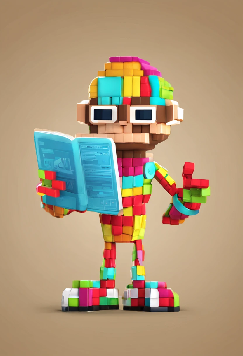 Design a charismatic mascot for a web designer named Pixel Pete. Pixel Pete is a friendly and creative character who embodies the essence of modern web design. Here's a description to bring him to life:

Pixel Pete is a quirky and enthusiastic anthropomorphic pixel with a playful personality. He stands about 3 feet tall and is made entirely of vibrant, multicolored pixels that shimmer and glow like digital lights. His body is rectangular in shape, with each pixel forming a blocky, pixelated pattern reminiscent of retro video game graphics.

His eyes are two large, round pixels that constantly change colors to reflect his emotions. They can go from bright blue when he's excited to soft green when he's focused on a task. He wears a pair of stylish round glasses made of sleek, translucent pixels, giving him a hint of sophistication.

Pixel Pete's attire consists of a t-shirt with a pixelated "HTML5" logo on it, highlighting his web design expertise. He also wears a pair of jeans made of pixelated denim that shimmers as he moves. Around his waist, he has a tool belt made of tiny, functional pixels that contain miniature web design tools like a tiny stylus, a small color palette, and a miniature laptop.

In one hand, Pixel Pete holds a magic stylus that emits glowing trails of light as he sketches ideas in the air. In his other hand, he carries a tablet made of a transparent pixel screen, showing off his latest web design projects and concepts.

Pixel Pete's infectious energy and passion for pixel-perfect design make him an ideal mascot for any web designer, symbolizing the fusion of creativity, technology, and innovation in the world of web design.