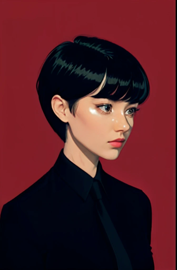 a 1girl, body complet, very detail, a lot of details, very extremely beautiful,  ((tmasterpiece, minimalism)), (Short Hair Hair), black necktie, Red shirt, bright colours, looks into the distance,