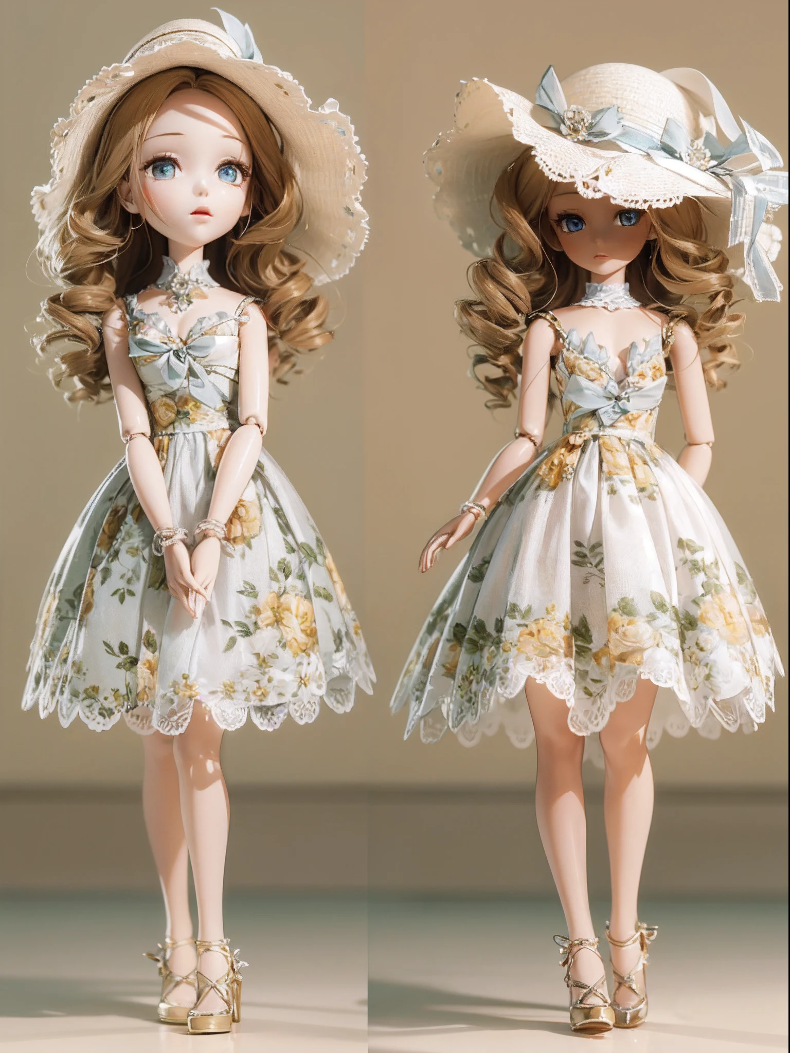 In a soft 3D rendering, a beautiful ball-jointed doll stands gracefully. She is dressed in a summer dress, the fabric flowing elegantly around her. The doll's delicate features are expertly crafted, and she exudes an air of sophistication and refinement. It's a stunning image, full of beauty and detail.