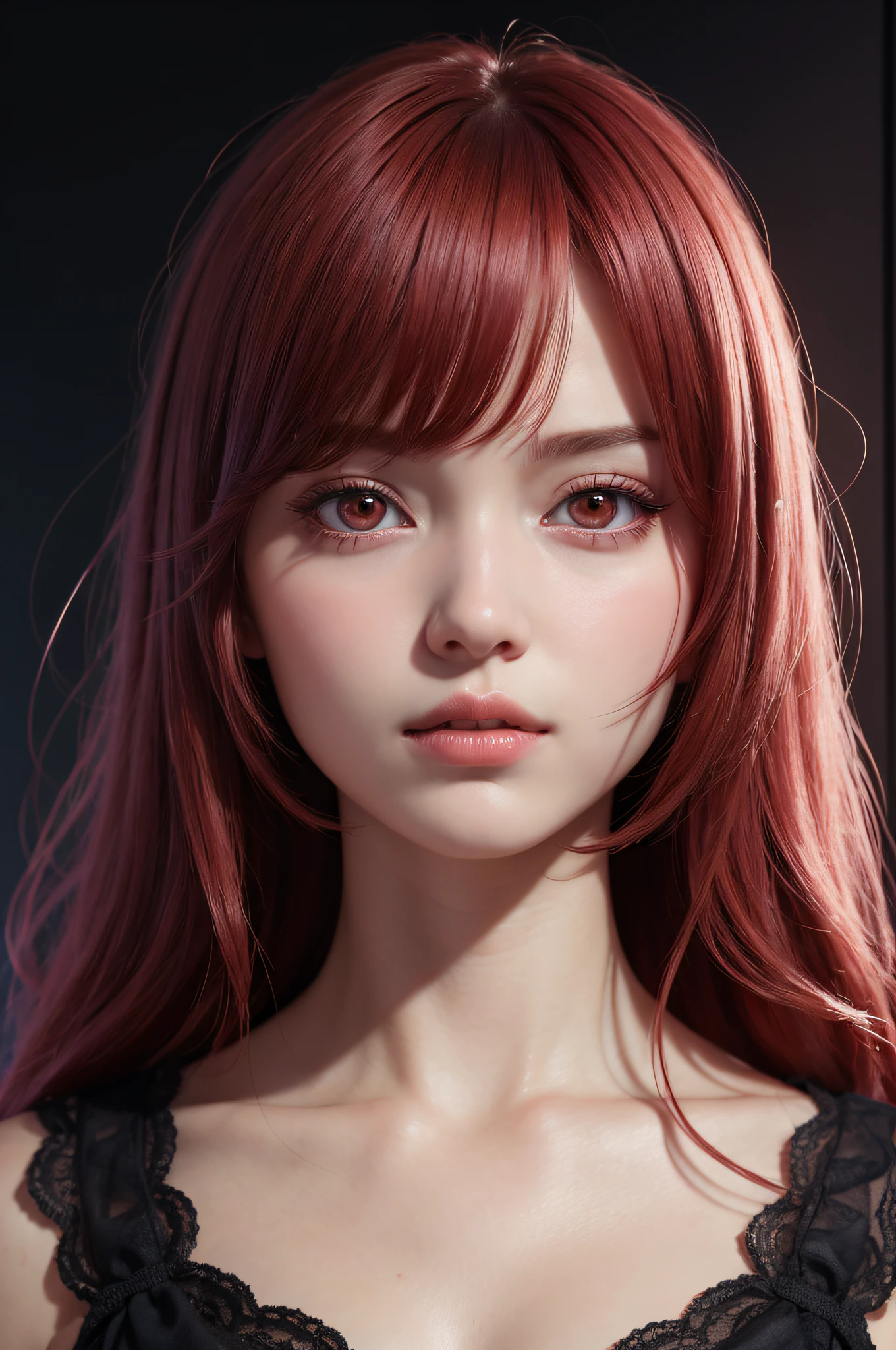 1girl, star eye, blush, perfect illumination, red hair, red eyes, unreal engine, sidelighting, detailed face, bangs, bright skin, simple background, dark background