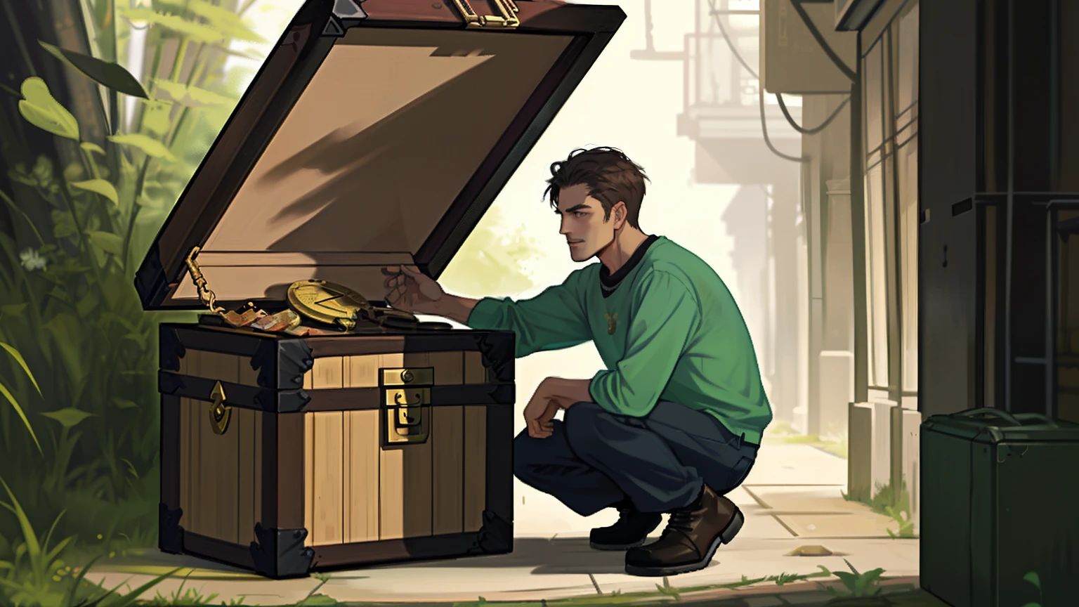 A man crouches on the ground to lock a treasure chest,modern day