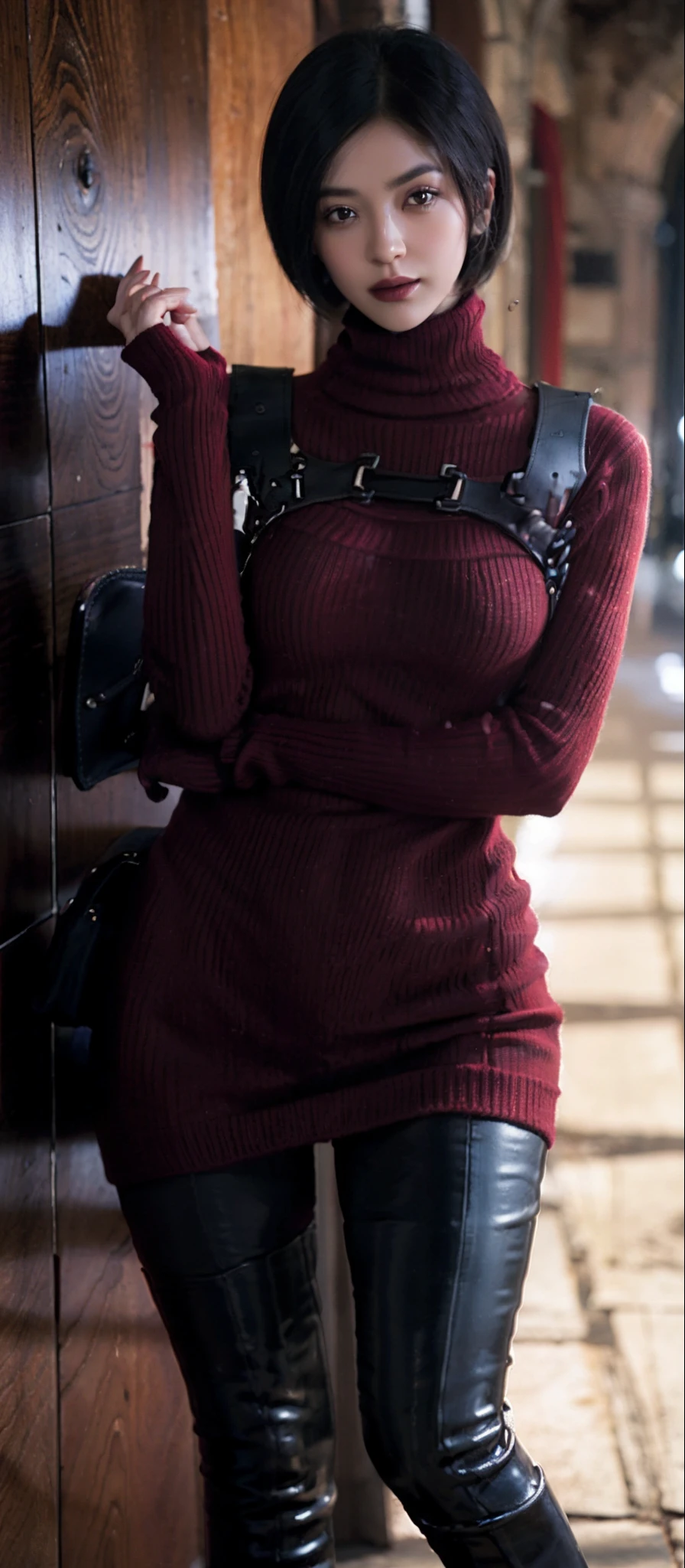 1girl, RE4, red sweater dress, gola alta, Ribbed sweater, botas de coxa, Black pantyhosebloom, harness, melhor qualidade, obra-prima, ultra alta res, (fotorrealista: 1.4), 1girl, dark backdrop