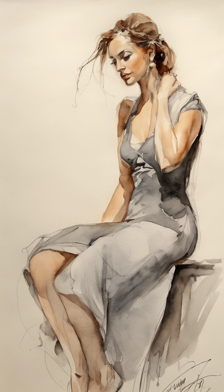 um desenho de uma mulher, artistic , modelo de artista , a charcoal drawing by William Twigg-Smith, CGSetnação, arte figurativa, Aquarela, desenho colorido, dynamic pose, corpo inteiro, Aquarel e Tinta