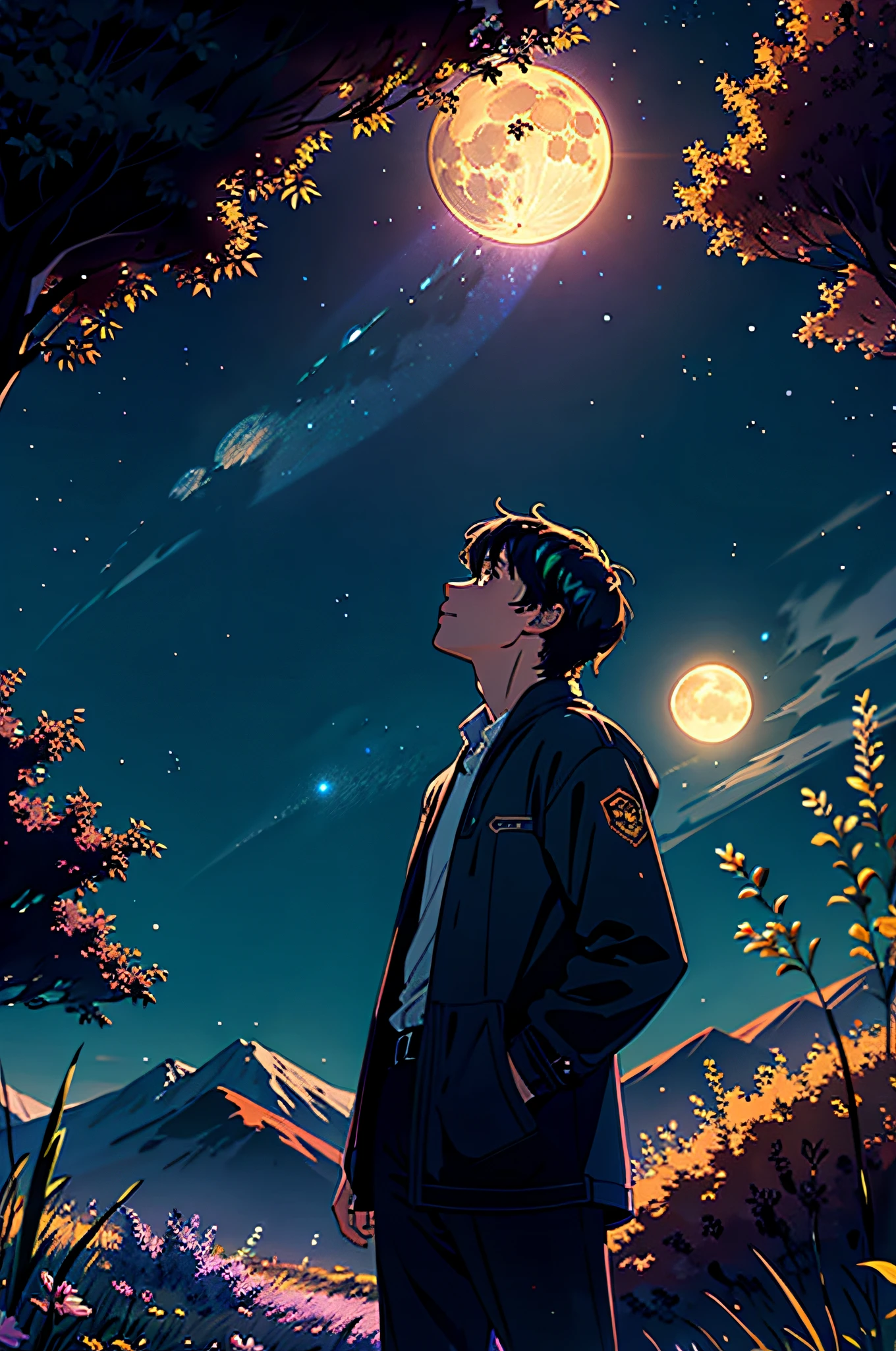Expansive landscape photograph , (View from below,Displays the sky above and the clearing below), A boy stands on a field of flowers and looks up, (full moon:1.2), ( meteors:0.9), (Starcloud:1.3), Far Mountain, tree BREAK
production art, (Warm light source:1.2), (Firefly:1.2), lamp lights, lots of purples and oranges, Intricate details, Volumetric lighting BREAK
(Masterpiece:1.2), (Best quality), 4K, Ultra-detailed, (Dynamic composition:1.4), Highly detailed, Colorful details,( Iridescent colors:1.2), (luminouslighting, Atmospheric lighting), Dreamy, magical, (Solo:1.2)