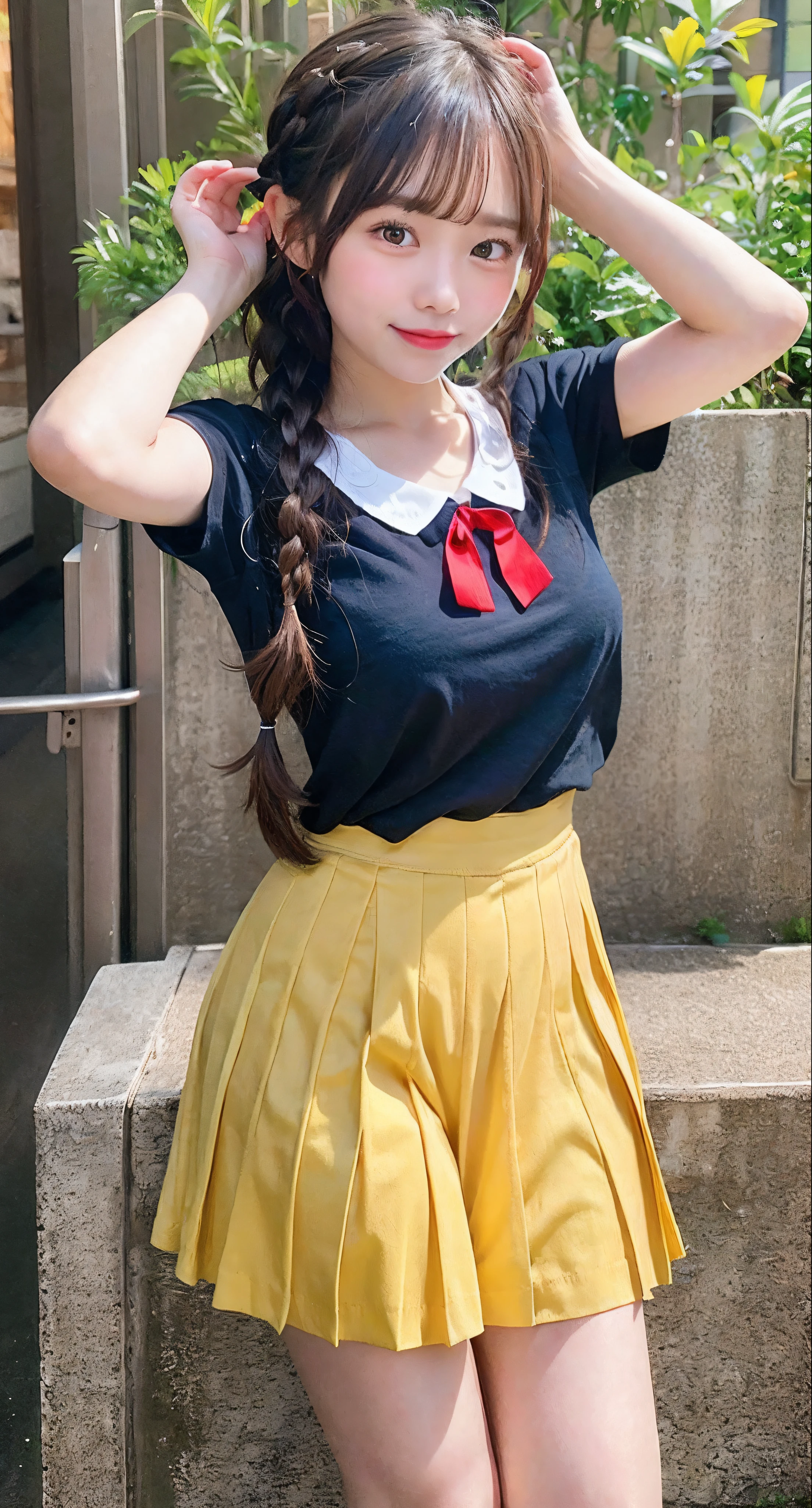 masterpiece, top-quality, Hi-Res, CHI1, 1girl in, length hair, Braids, Single-sided up, 独奏, Yellow skirt, Red ribbons, Blue shirt, Yellow pleated skirt, bangss, Ribbon around the neck, Puffy Short Sleeves, Schools、 A smile,