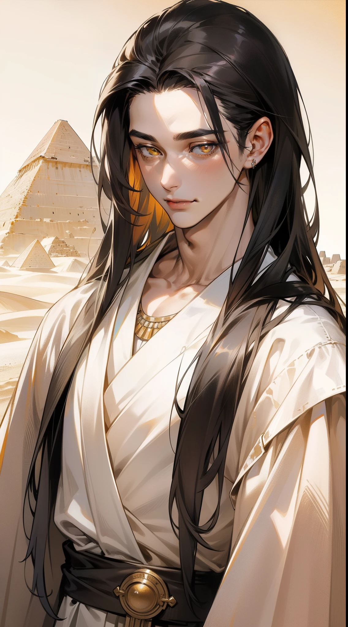 realistic, masterpiece, best quality, colorful,(finely detailed beautiful eyes and detailed face), delicated smile, happy eyes, nature lighting, extremely detailed CG unity 8k wallpaper, 1boy, tall muscular guy, Clothes: white robe with colorful jewelry fill around shoulders, naked upper body. Accessories: necklace, bracelet. Appearance: long black hair, light colored pupils, yellow eyes, Tan skin, Hair slicked up, Head tilted slightly to one side, flying bangs, handsome, background: desert, pyramid, sand, sun, morning. ancient Egypt style, Egypt, mature man