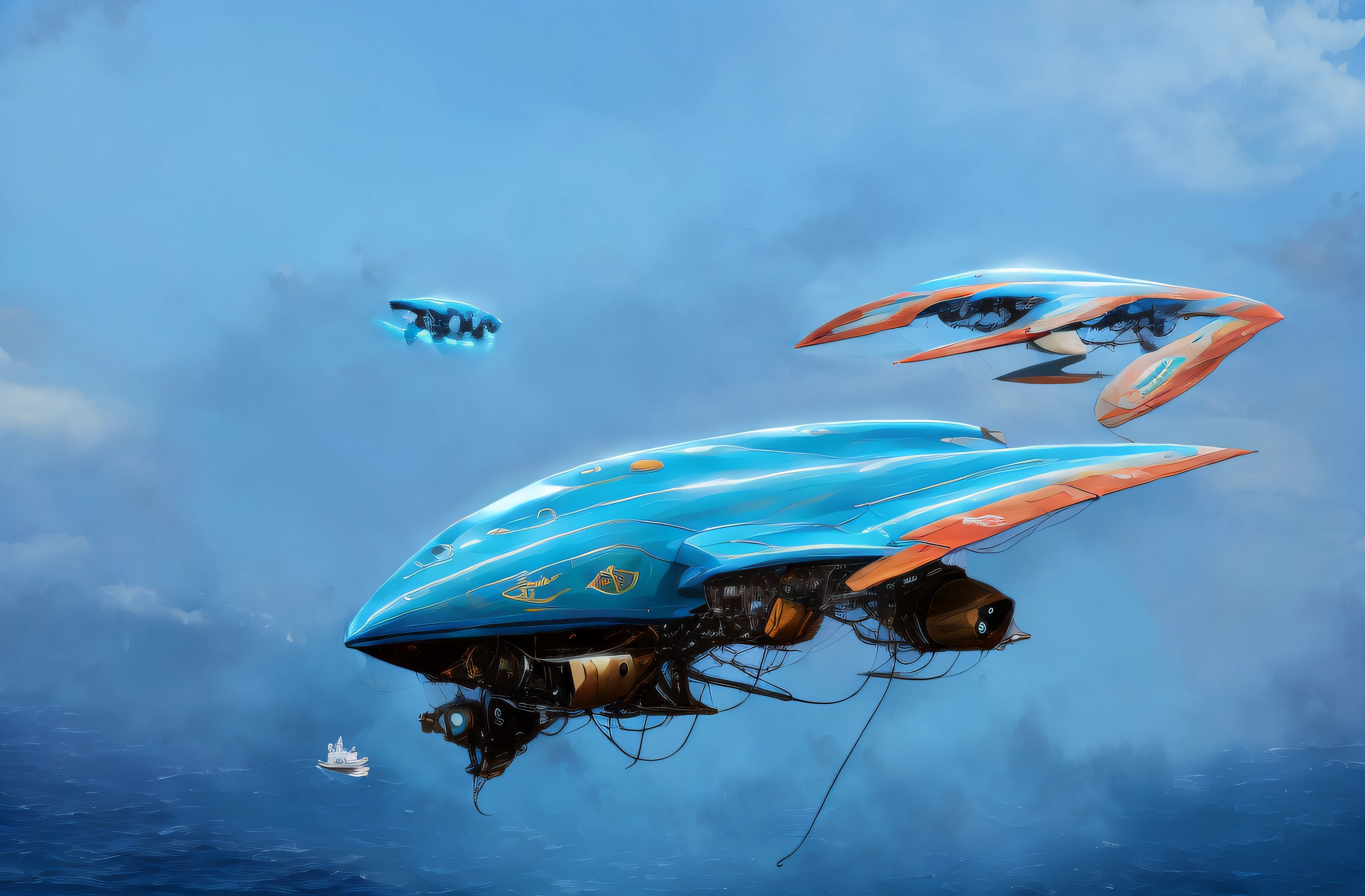 Velero futurista volando a cielo abierto entre las nubes mientras muy abajo el agitado mar de enormes olas choca contra acantilados
