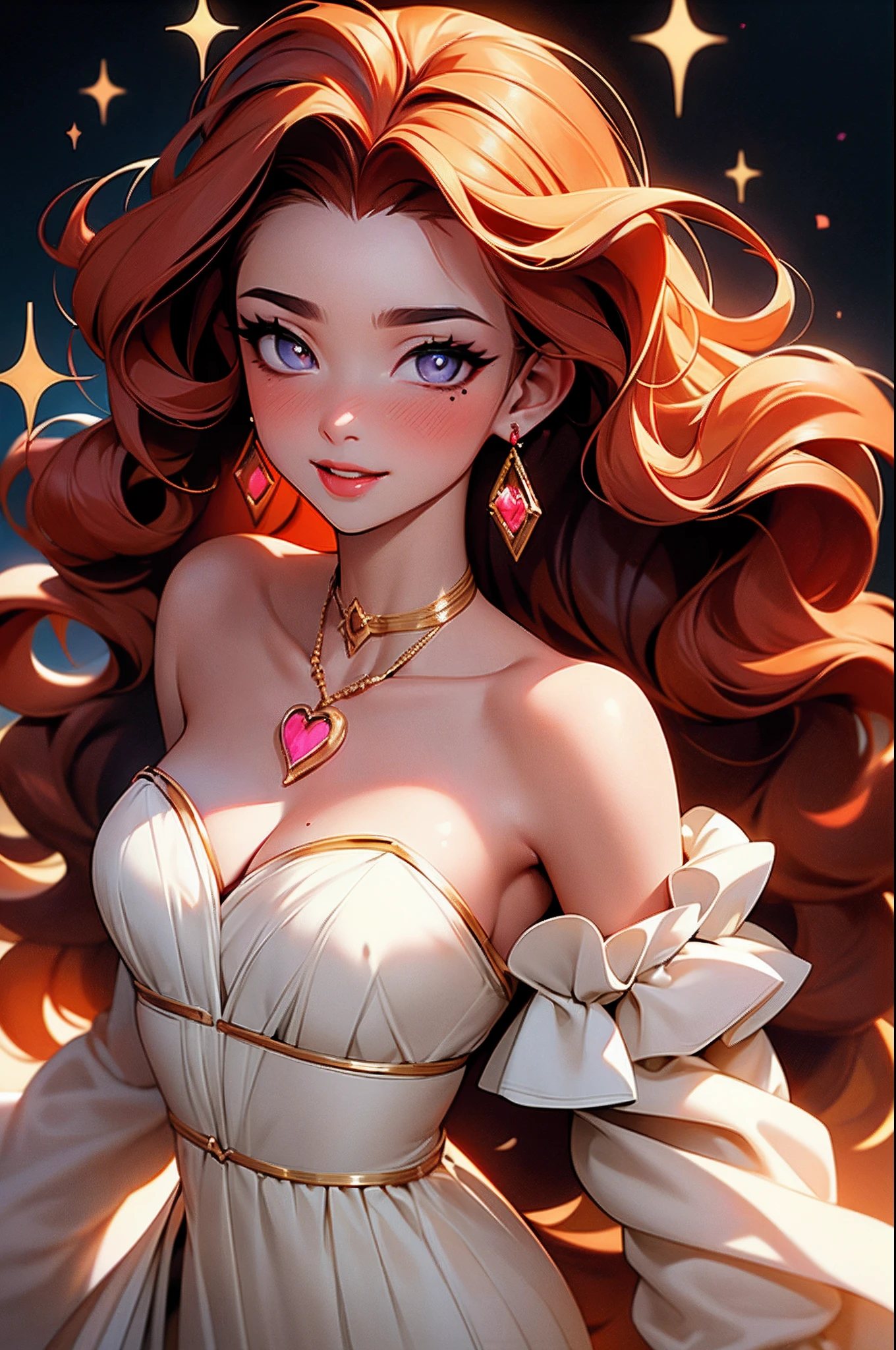 (Gorgeous robes.), A woman, noble, The beauty, Playful, Pure), red hair, curly hair, messy hair, long hair, mole under eye, heart-shaped pupils, half-closed eyes, sparkling eyes, heart earrings, parted lips, seductive smile, moaning, torogao, naughty face, full-face blush, anime, Romanticism, Genre painting, anime style, drop shadow, tachi-e, cowboy shot, Ultra-Wide Angle, wide shot, from above, from side, UHD, high details, super detail, textured skin, 4K