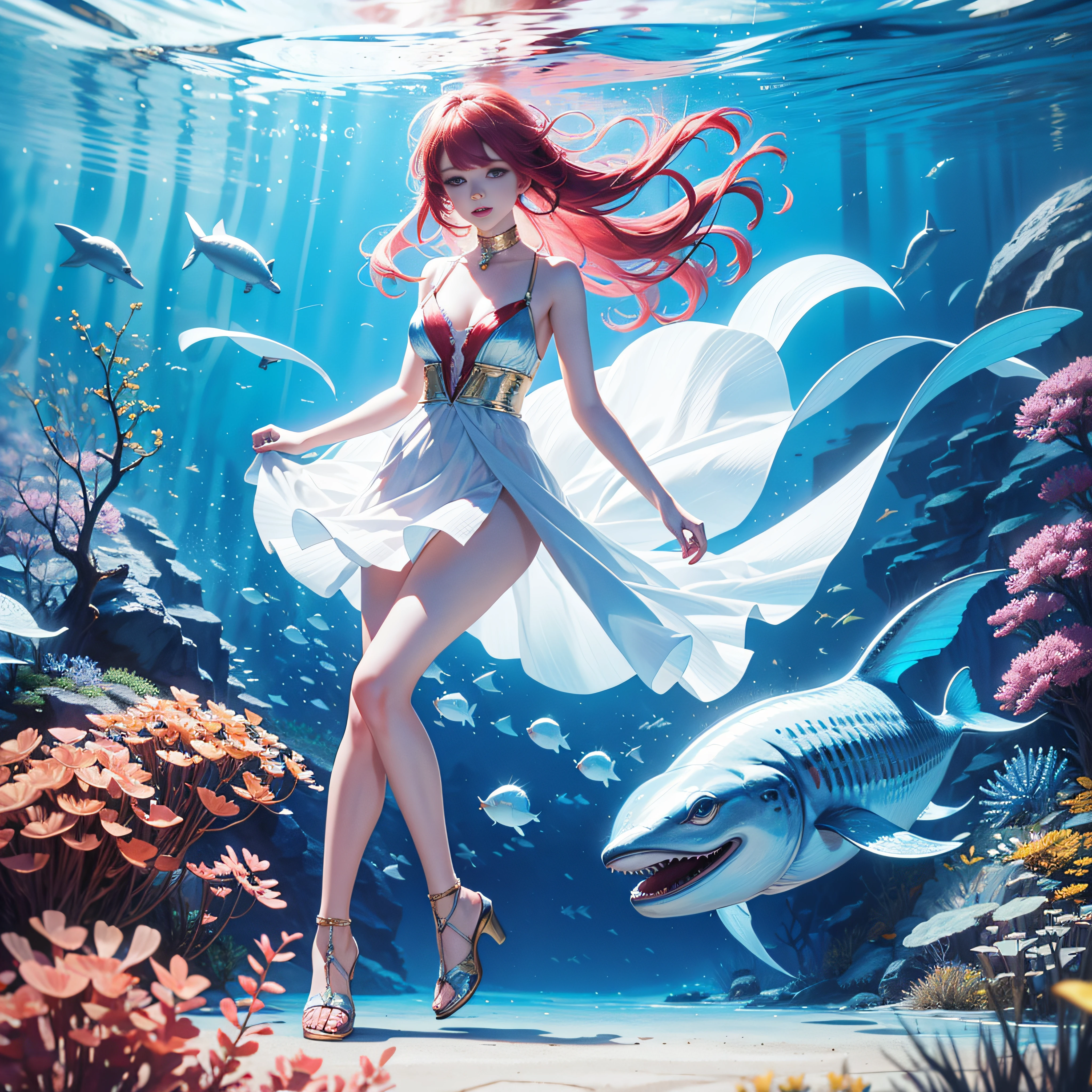 Around a girl,Irridescent color, Designed by Dietrams, Glows in high detail, C4D, Clean shadows, 4K, ((best quality)), ((masterpiece)), 1girl, whale, under the sea, full body, rainbow bubbles, foams, sea creatures, red hair , gold eyes.