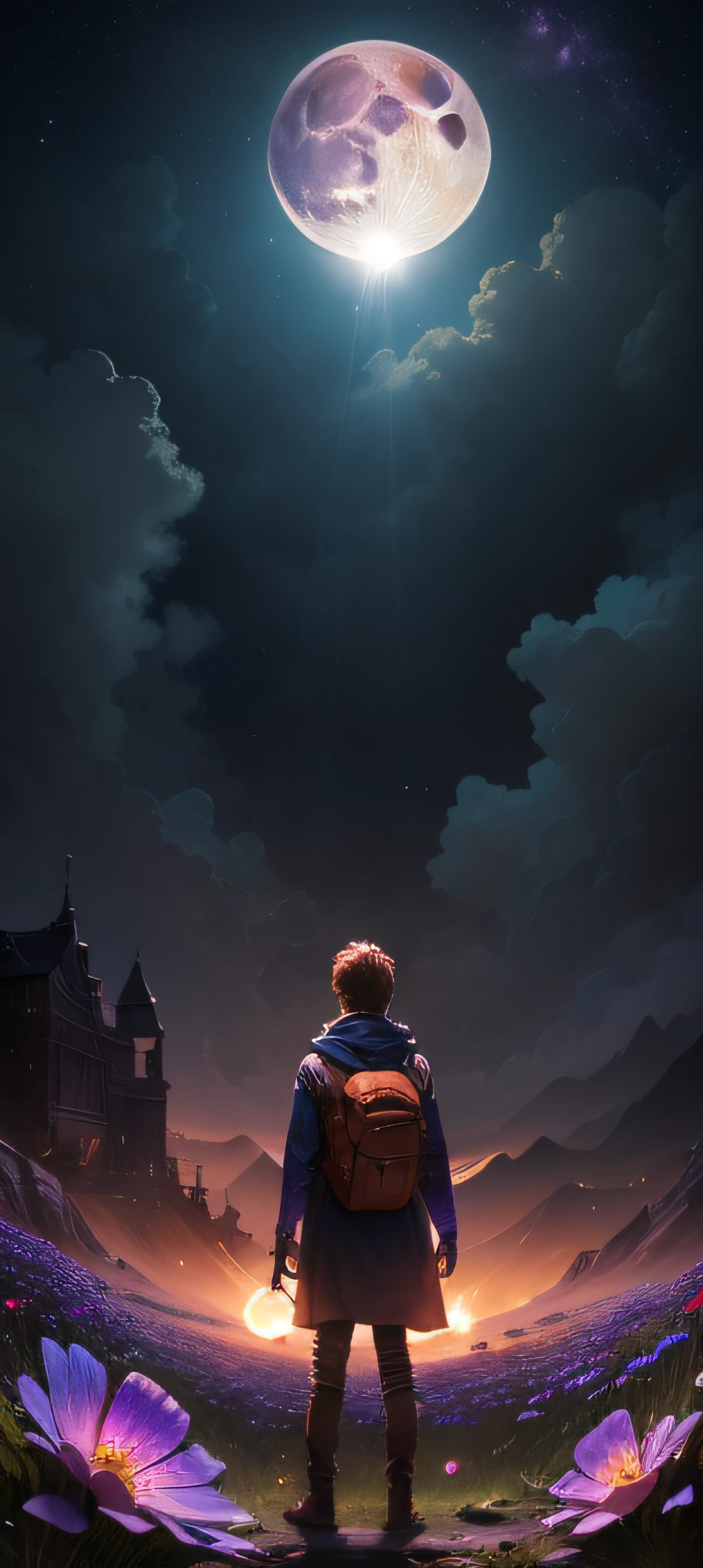 Expansive landscape photograph , (View from below,Displays the sky above and the clearing below), A boy stands on a field of flowers and looks up, (full moon:1.2), ( meteors:0.9), (Starcloud:1.3), Far Mountain, tree BREAK
production art, (Warm light source:1.2), (Firefly:1.2), lamp lights, lots of purples and oranges, Intricate details, Volumetric lighting BREAK
(Masterpiece:1.2), (Best quality), 4K, Ultra-detailed, (Dynamic composition:1.4), Highly detailed, Colorful details,( Iridescent colors:1.2), (luminouslighting, Atmospheric lighting), Dreamy, magical, (Solo:1.2)