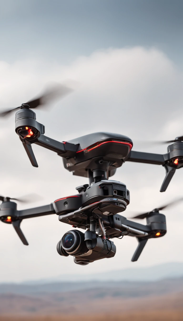 Quadcopter UAV,cyber punk style,illustration,Thrilling battles,Flight stability,Unique perspective,Dynamic graphics,Full of technology,Amazing。