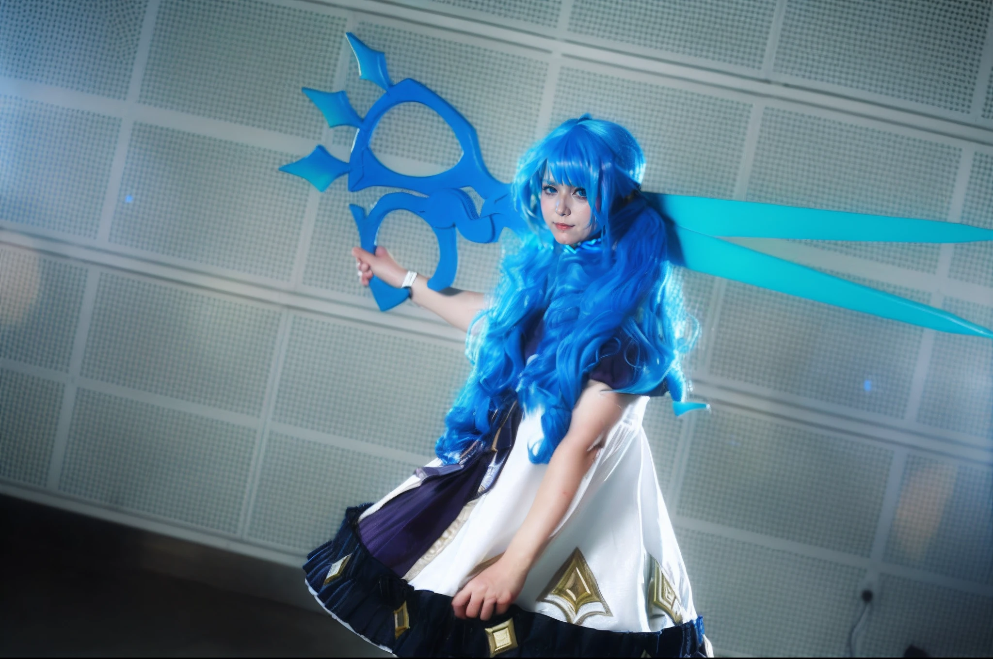 There is a woman with blue hair and a pair of blue scissors, Anime girl cosplay, aqua from konosuba, Anime cosplay, Hatsune Miku cosplay, cosplay foto, cirno from touhou, from touhou, cirno touhou, Gorgeous Role Play, Very long wavy sky blue hair, with blue hair, vocaloid, rpgmaker, cirno, cosplay，tmasterpiece，best qualtiy，ultra-realistic realism（sportrait：0.9）photore，（（Skyrim's Serrana）），（（s the perfect face）），seductive appearance，（Very detailed skin), Realistic texture, supple skin pores,, Ominous atmosphere, Dark clouds overhead, cold color temperature, dreary, (cinmatic lighting），shallowdepthoffield，Use the Leica SL（Model 601）Mirrorless digital camera shooting，35 mm f/1.4 Cinematic lenses，soft focus，（Hyper-detailing，intricately details），Film feel，hdr，8K，A live-action adaptation of a movie stills《horizon》，frontage，[closeup cleavage]