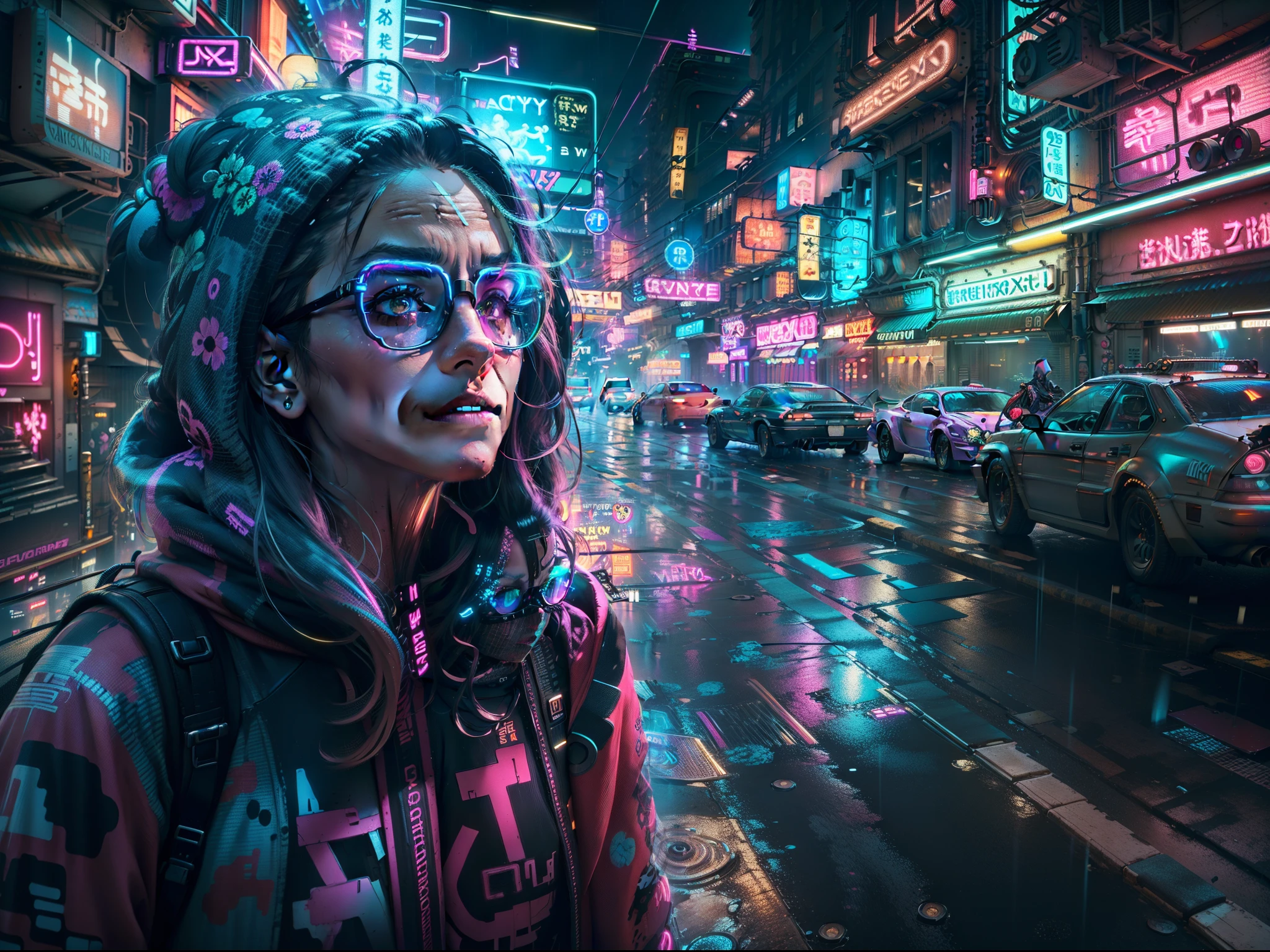 (masutepiece, of the highest quality, Best quality, offcial art, Beautiful and aesthetic:1.2),The is very detailed,(Fractal art:1.3),(Colorful:1.5),highest details,(Mechanical modification:1.3),(corrected:1.2),(neon light background:1.4),(Neon City:1.75),Night,Large breasts,Nikon D850 Film Stock Photography 4 Kodak Portra 400 Camera F1.6 lens rich colors hyper realistic lifelike texture dramatic lighting unrealengine trending on artstation cinestill 800,No Man,cyberpunk scene,depth of fields,of the night city,Luxury sports car,air vehicle,Mechanical texture,Rich in structure,(air vehicle:1.5),An award-winning photo,An old cyborg woman with psychedelic colors stands on a city street in the rain, Wearing neon-colored bright glasses, 8K, (High quality:1.1), (SENSE OF CINEMA:1.1), Deep dark shadows, Incredibly complex details,, (up-close:1.1), From above, looking at viewert, (The lights glow:1.1), (color difference, :1.2) Background and floating light artifacts