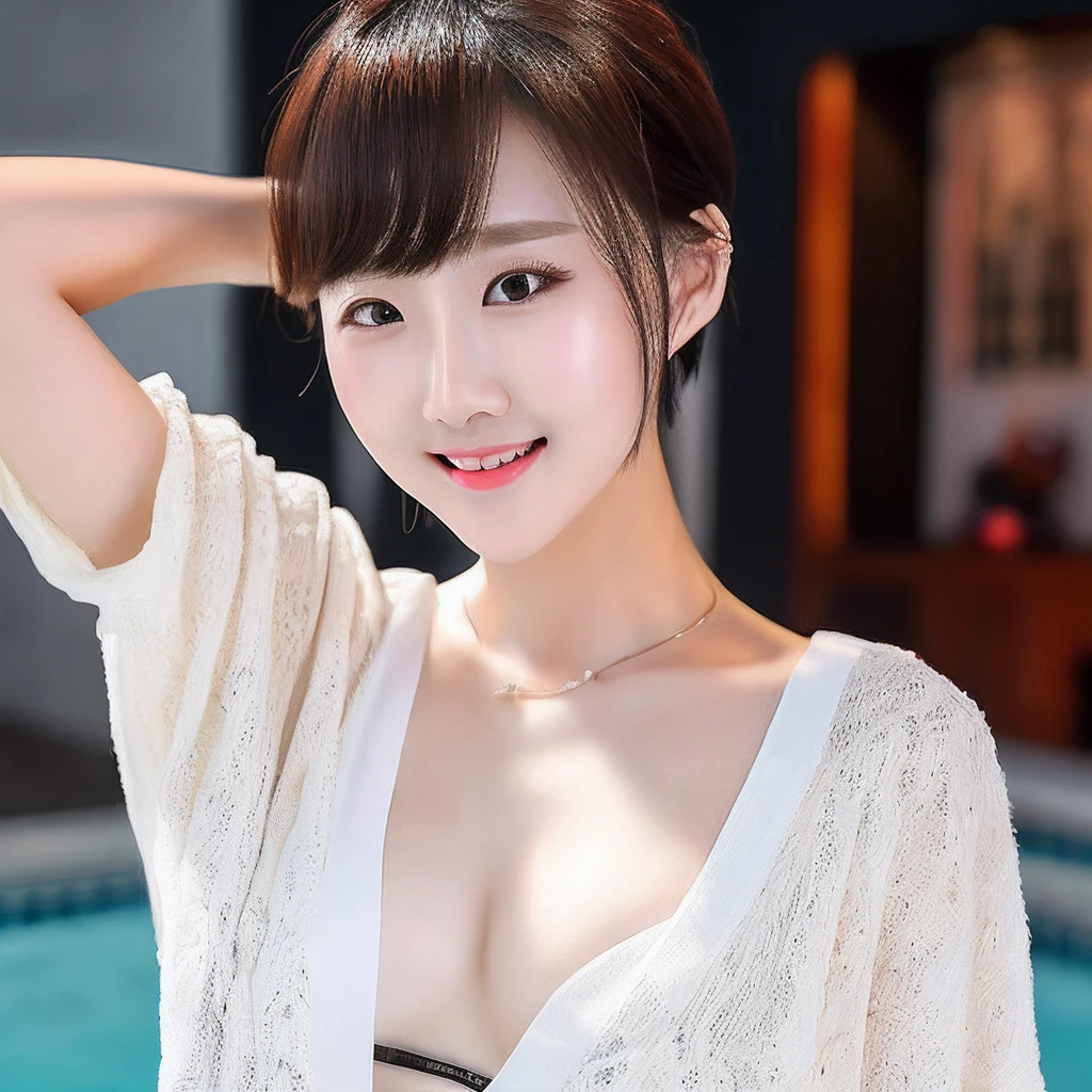 ((top-quality、8k、​masterpiece:1.3))、女の子1人、Beautiful woman with slender abs:1.3、(medium short hair、爆乳:1.2)、cardigan:1.1、hyperdetailed face、A detailed eye、二重まぶた、swim wears
