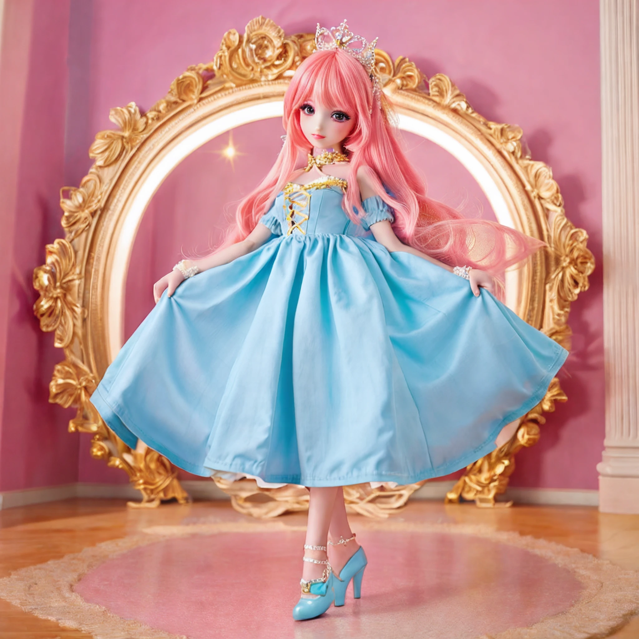 barbiecore，A princess,solo，cabellos largos dorados，delicated face，Women in Europe and the United States，Pinkish background，Fantastic fairy tale，Colorful，，Princess dress，high-heels，