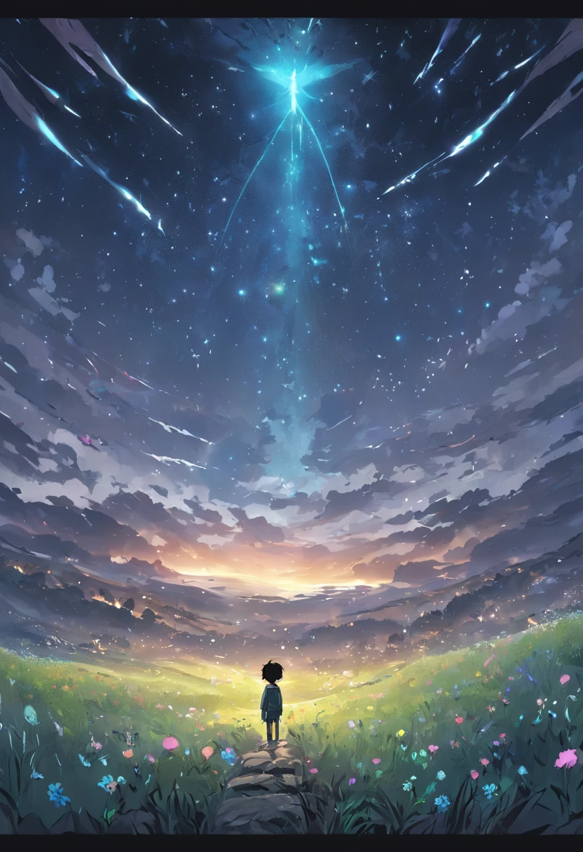 Expansive landscape photograph，（look from down，Above is the sky，Below are open fields），A little boy stood on a flower field and looked up，（moon full：1.2），（meteors：0.9），（Starcloud：1.3），Far Mountain, Tree BREAK making art，（Warm light source：1.2），（glowworm：1.2），lamp lights，Lots of purple and orange，Complicated details，Volumetric lighting BREAK（tmasterpiece：1.2），（best qualtiy），4K，ultra - detailed，（dynamic compositions：1.4），detail-rich，plethora of colors，（Irridescent color：1.2），（with light glowing，Atmospheric lighting），dream magical，magical，（独奏：1.
