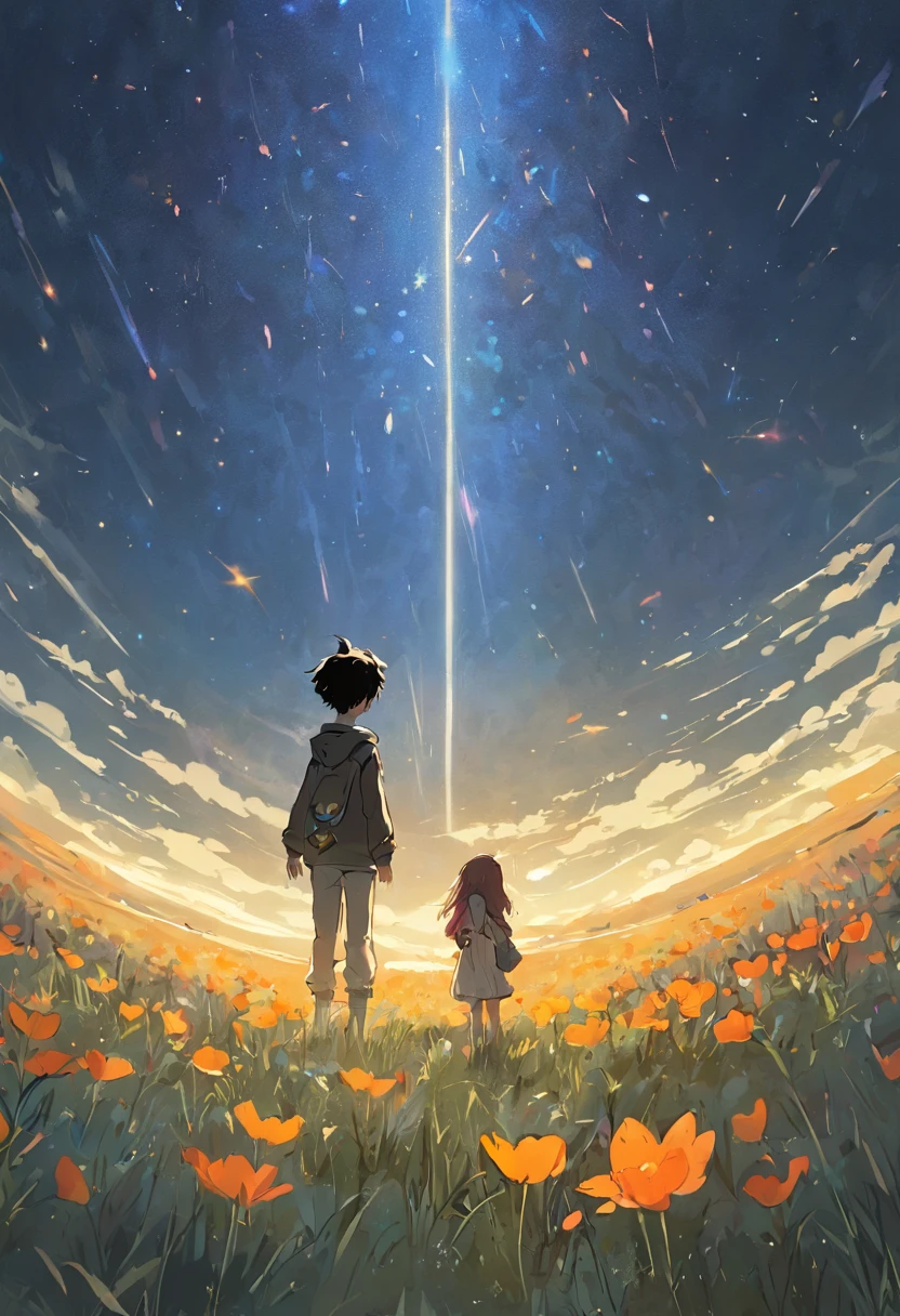 Expansive landscape photograph,(look from down,Above is the sky,Below are open fields),A little boy stood on a flower field and looked up,(moon full:1.2),(meteors:0.9),(Starcloud:1.3),Far Mountain, Tree BREAK making art,(Warm light source:1.2),(glowworm:1.2),lamp lights,Lots of purple and orange,Complicated details,Volumetric lighting BREAK(tmasterpiece:1.2),(best qualtiy),4K,ultra - detailed,(dynamic compositions:1.4),detail-rich,plethora of colors,(Irridescent color:1.2),(with light glowing,Atmospheric lighting),dream magical,magical,(独奏:1.