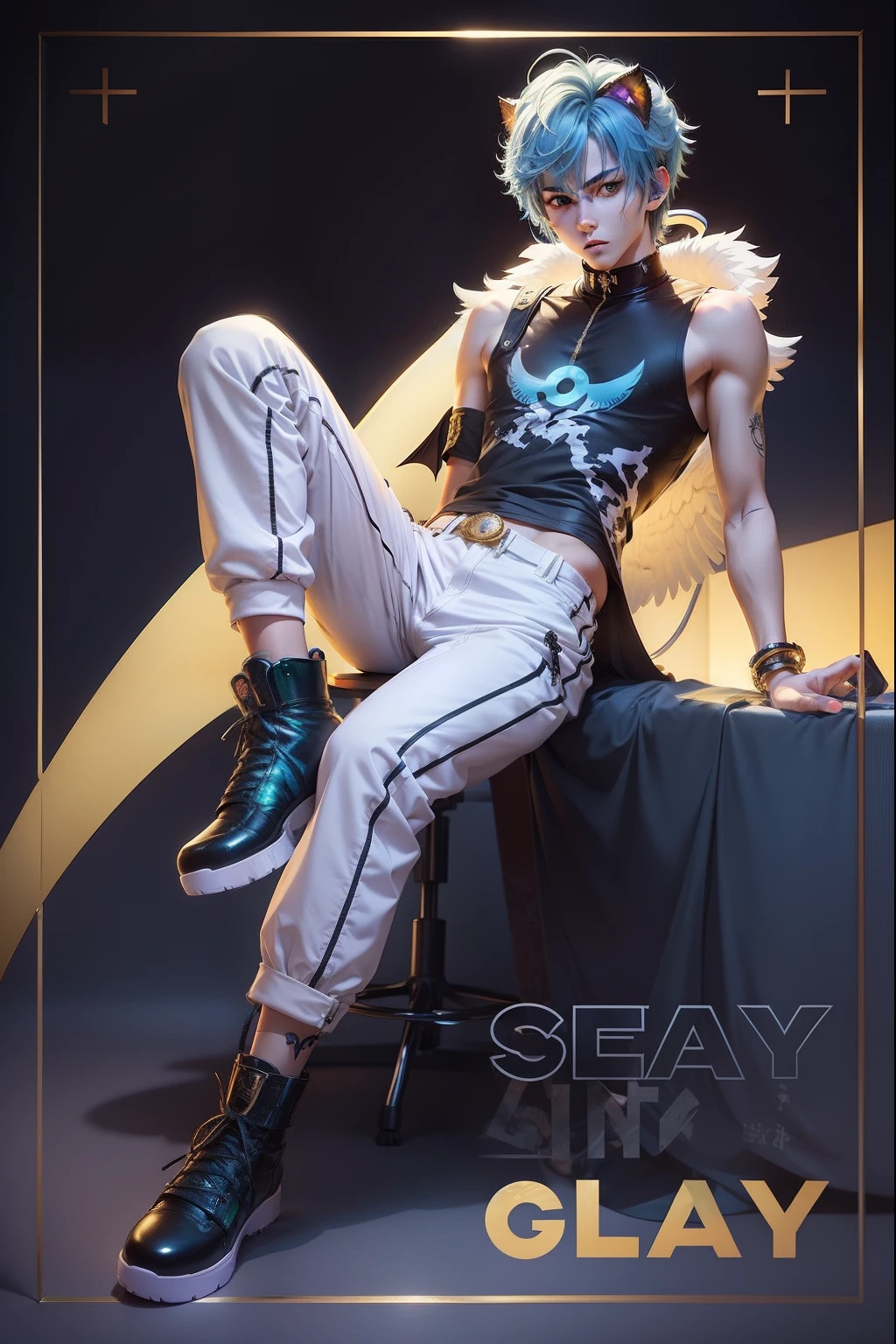 anime style, anime teenage boy, fullbody, shy pose, blue hair, green eyes, siting on chair in karaoke bar, gold demonic horns, white big angel wings, cat tail, microphone