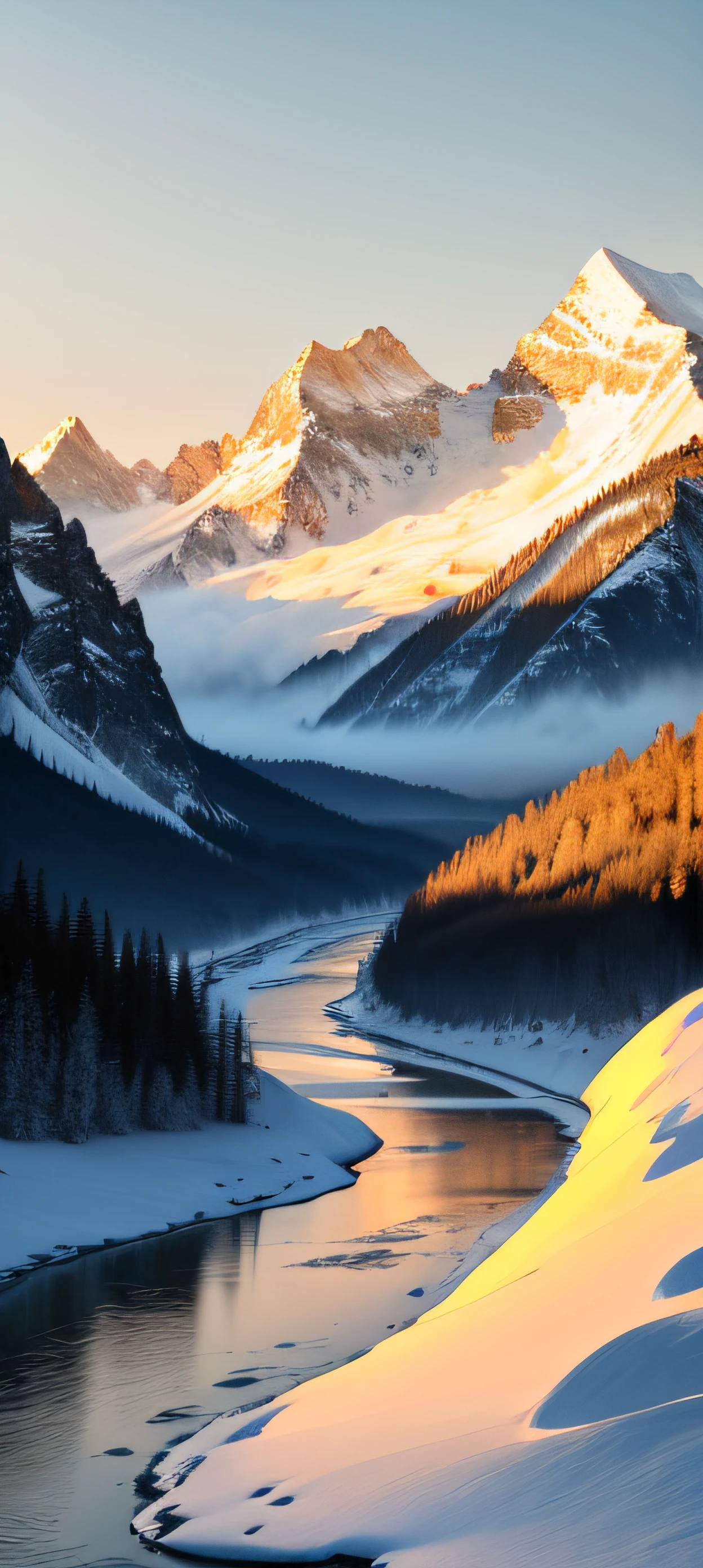 Magnificent mountains stand on the horizon，Majestic and majestic，The peaks are covered with a layer of snow，It never seems to melt。foot of the mountain，A wide river runs through the forest，The river is clear and turbulent，Reflecting golden glow in the morning light