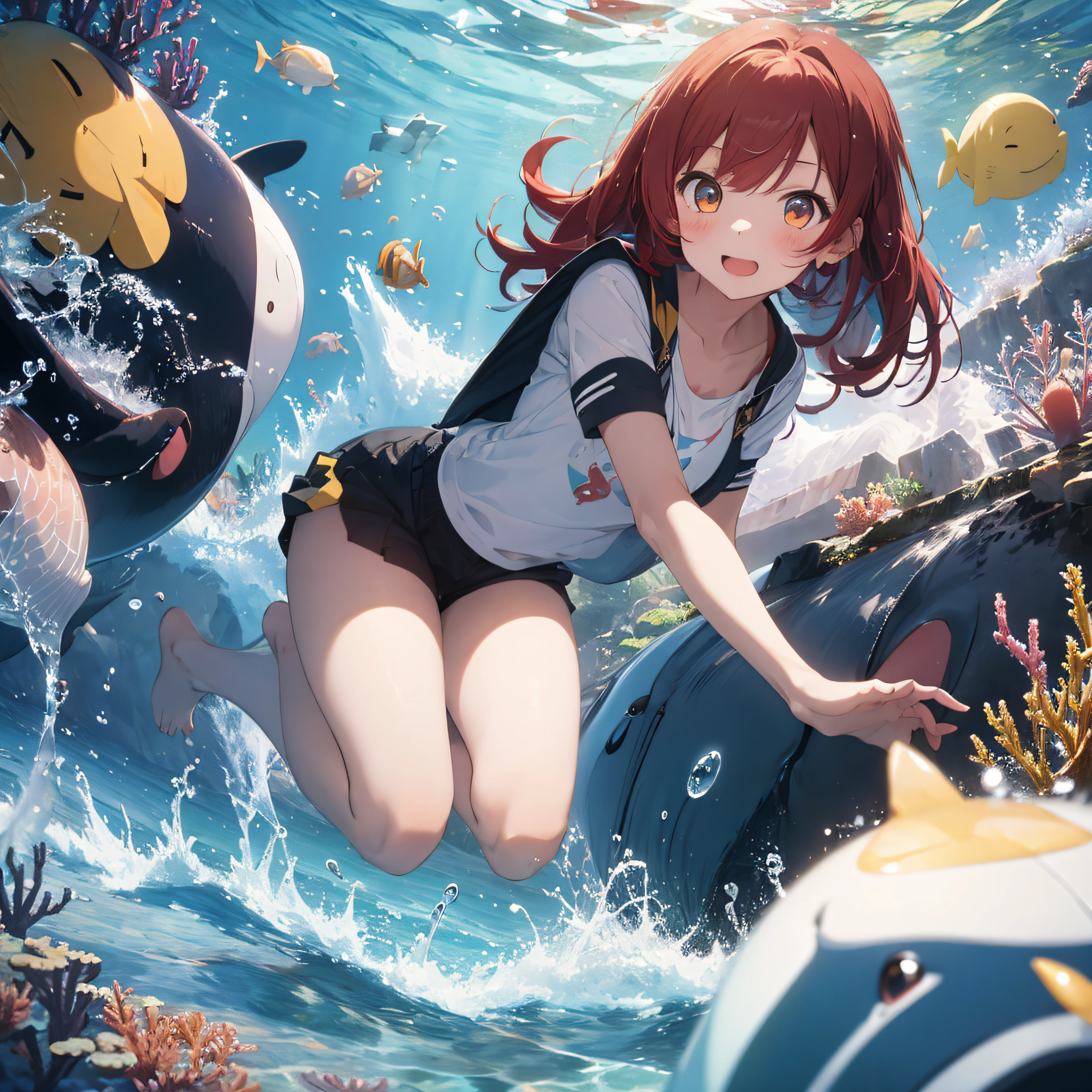 ((best quality)), ((masterpiece)), 1girl, whale, under the sea, full body, rainbow bubbles, foams, sea creatures, red hair , gold eyes.