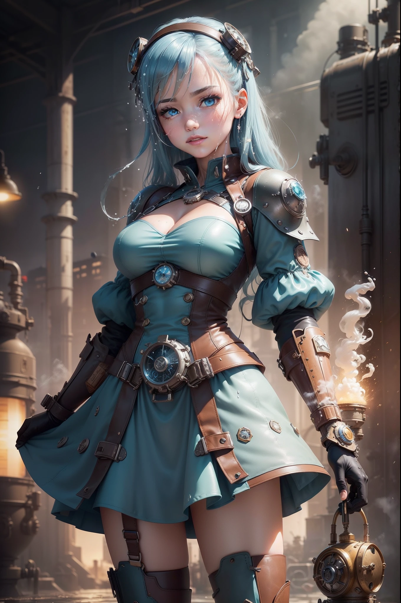 Masterpiece, ultra high resolution, Highest resolution, accurate rendering, beautiful and smooth depiction, overhead view, anime-style very cute lady, Autumn makeup, very beautiful eyes, wearing steampunk-style high level dress, Costume incorporating water-cooling mechanism, blue straight hair, ((intricately designed piping and gear, countless gear and chronometer-decorated sky blue leather coats, full body, steam abounds, by lake)), zoom out, high skies, galactic imagery, perspective, ((faint smile)), countless luminescent drawings, (((Retro European-style industrial city surrounded by steep valleys, countless factories, industrial city built with countless gears and pipes, bright city saturated with nixie lights, steam overflow, spatial expanse, daylight is covered with steam, random structures))), (((Disintegration, Radiant light, splash expression))), nicely rendered, smooth rendering, detailed rendering, ink drops, Anticipation of destruction,