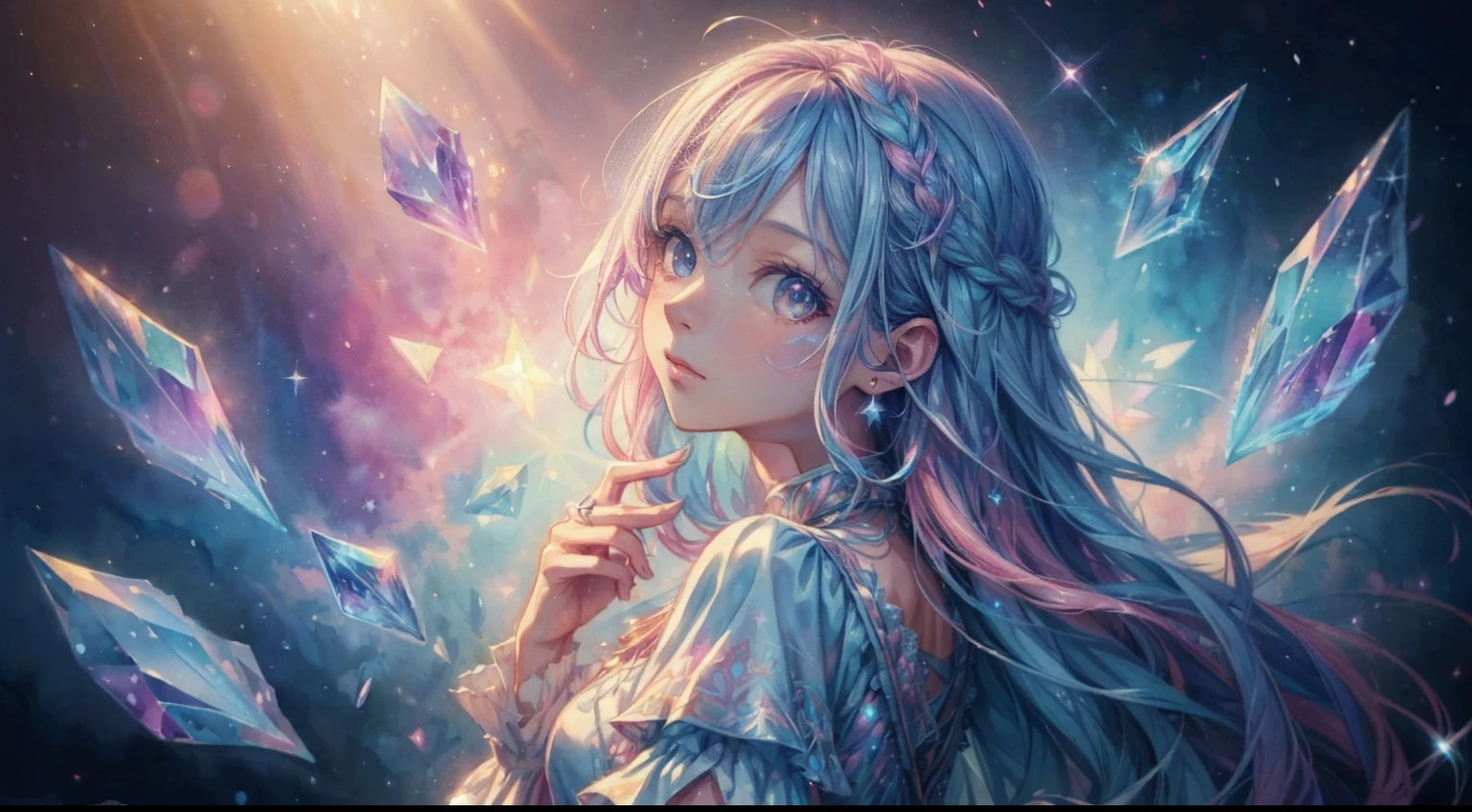 (masterpiece, top quality, best quality,watercolor (medium),official art, beautiful and aesthetic:1.2),(1girl:1.3), (fractal art:1.3),upper body, from side, looking at viewer,patterns,(crystal color Hair,colorful hair, sparkling lights and reflections, half blue and half pink hair:1.2),water,liquid, cloud,colorful, starry,stars, vibrant smoke, high saturation, iridescent elements