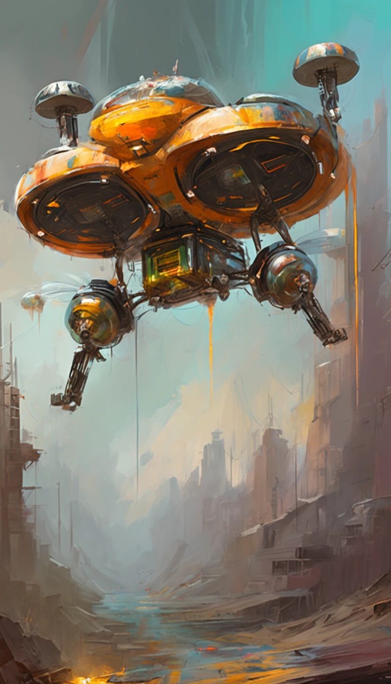Quadcopter UAV,cyber punk style,illustration,Thrilling battles,Flight stability,Unique perspective,Dynamic graphics,Full of technology,Amazing。