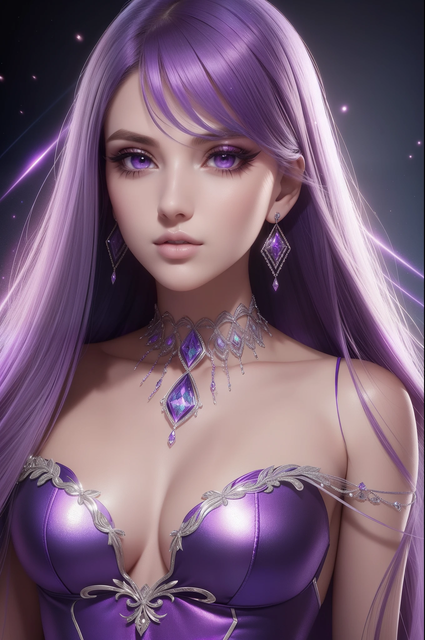 ultra detailed beautiful woman, 25 years-old woman, stunningly beautiful, purple hair, purple dress, purple eyes, her whole head is visible with hair, purple jewel necklace, earrings, purple eyeshadow visible on her eyelids and eyeliner on her eyes, very long eyelashes, stuningly beautiful face, focus on face, holographic, light particles, ultra detailed illustration, hit definition, very bold and vivid colors, 32k resolution, best quality, volumetric lighting, “best quality”, “masterpiece", half of her body is visible, top of her dress is visible, ultra realistic, high-quality detail