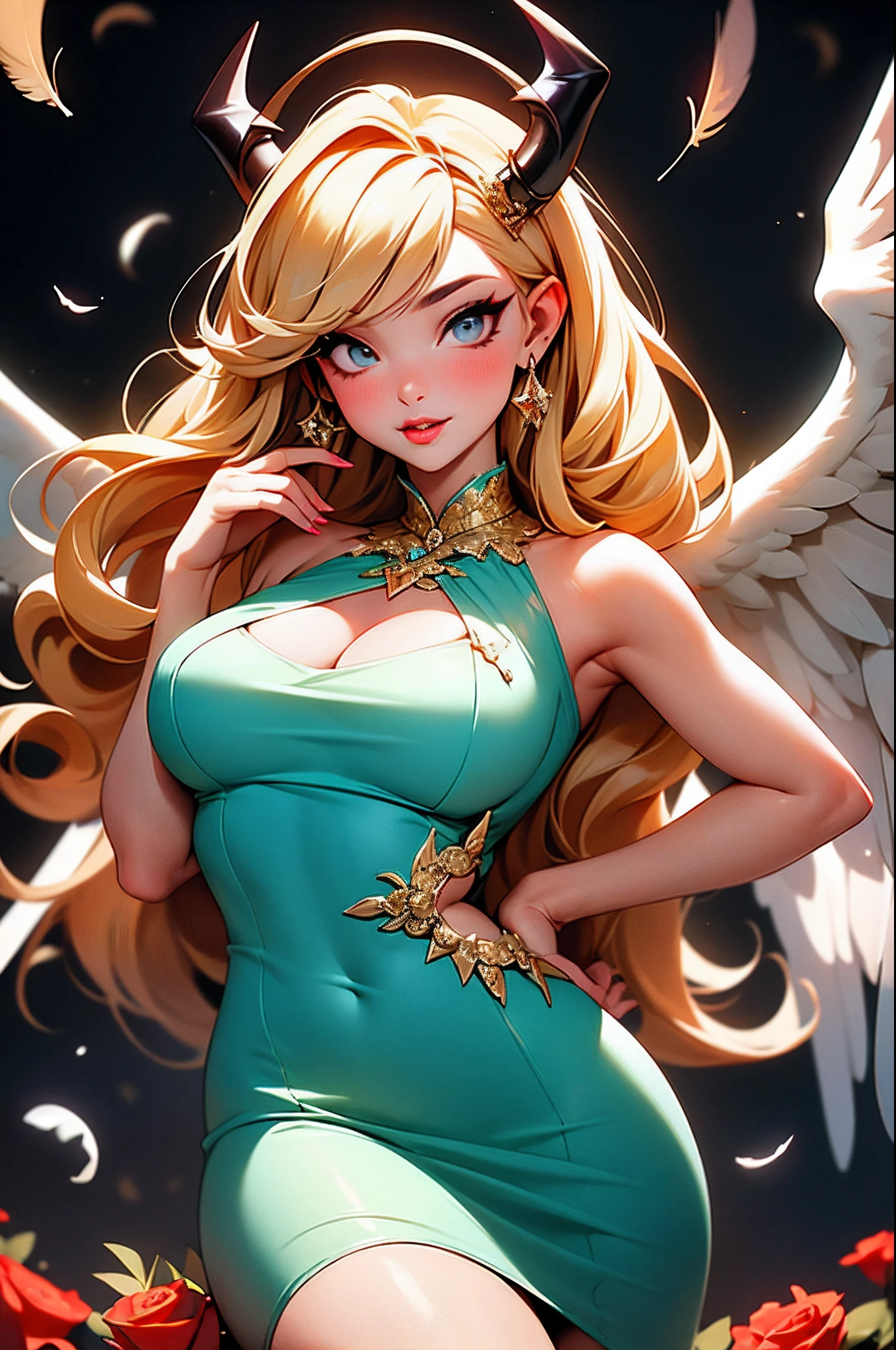 masterpiece,best quality,highres,1girl,upper body,cowboy shot,arms behind back,((ethereal seductive beauty, angel + succubus)),(eyelashes, lips),(half closed eyes:0.85),translucent dress,feminine pose,voluptuous,large breasts,wings,blood stein,feathers,roses,bondage,shackled,restrain,bounded in chains,look at viewer,dynamic composition,