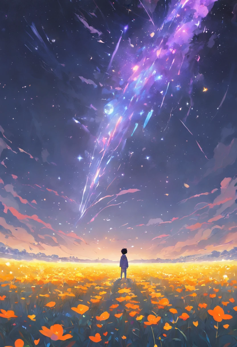 Expansive landscape photograph,(look from down,Above is the sky,Below are open fields),A stood on a flower field and looked up,(moon full:1.2),(meteors:0.9),(Starcloud:1.3),Far Mountain, Tree BREAK making art,(Warm light source:1.2),(glowworm:1.2),lamp lights,Lots of purple and orange,Complicated details,Volumetric lighting BREAK(tmasterpiece:1.2),(best qualtiy),4K,ultra - detailed,(dynamic compositions:1.4),detail-rich,plethora of colors,(Irridescent color:1.2),(with light glowing,Atmospheric lighting),dream magical,magical,(独奏:1.