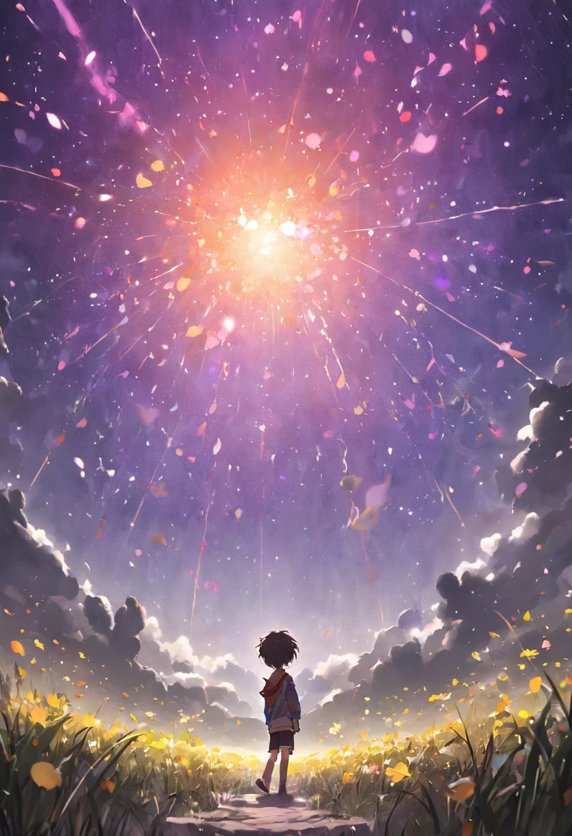 Expansive landscape photograph，（look from down，Above is the sky，Below are open fields），A little boy stood on a flower field and looked up，（moon full：1.2），（meteors：0.9），（Starcloud：1.3），Far Mountain, Tree BREAK making art，（Warm light source：1.2），（glowworm：1.2），lamp lights，Lots of purple and orange，Complicated details，Volumetric lighting BREAK（tmasterpiece：1.2），（best qualtiy），4K，ultra - detailed，（dynamic compositions：1.4），detail-rich，plethora of colors，（Irridescent color：1.2），（with light glowing，Atmospheric lighting），dream magical，magical，（独奏：1.