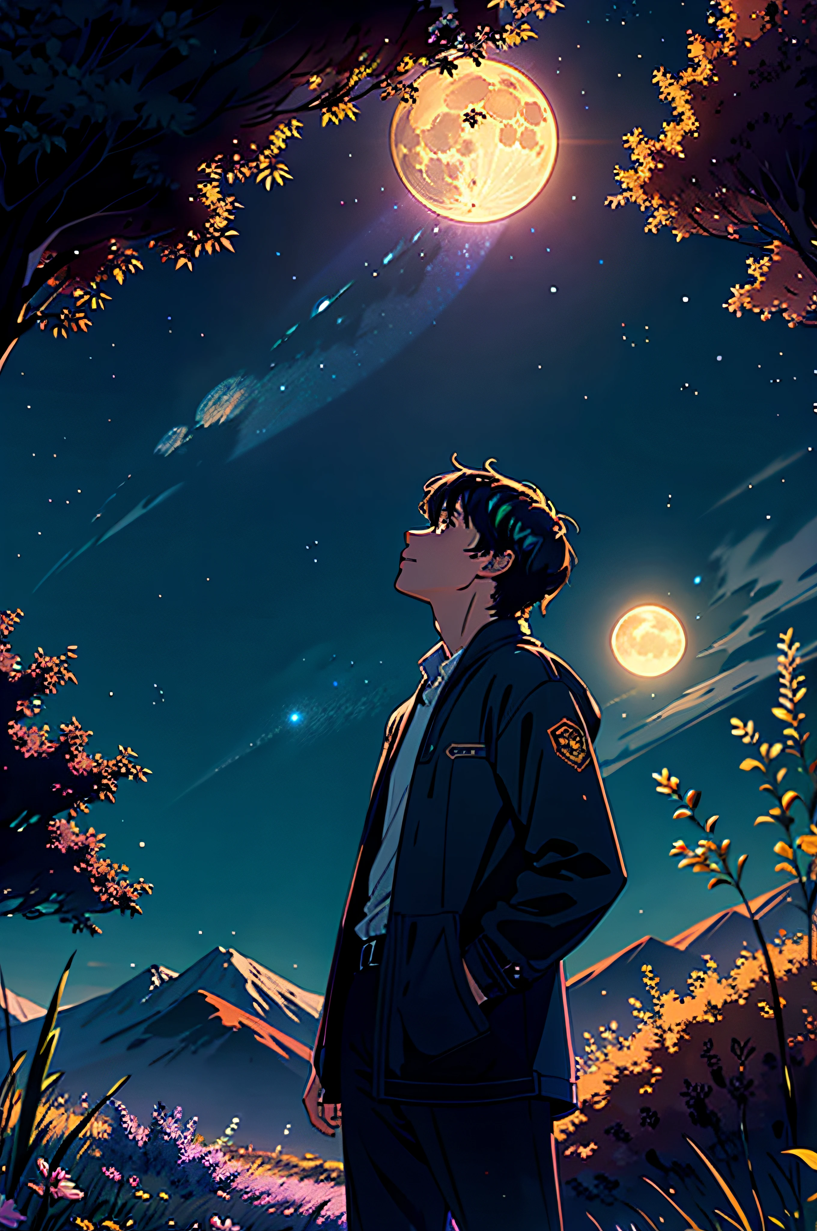 Expansive landscape photograph , (View from below,Displays the sky above and the clearing below), A boy stands on a field of flowers and looks up, (full moon:1.2), ( meteors:0.9), (Starcloud:1.3), Far Mountain, tree BREAK
production art, (Warm light source:1.2), (Firefly:1.2), lamp lights, lots of purples and oranges, Intricate details, Volumetric lighting BREAK
(Masterpiece:1.2), (Best quality), 4K, Ultra-detailed, (Dynamic composition:1.4), Highly detailed, Colorful details,( Iridescent colors:1.2), (luminouslighting, Atmospheric lighting), Dreamy, magical, (Solo:1.2)