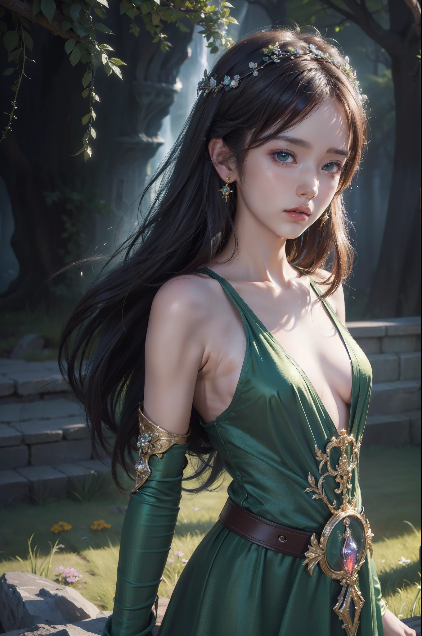 (((UHD))), (((masterpiece))), (((8k))), (((highres))), (((Surrealism))), (((cinematic lighting))), god rays, zoom layer, (((fullboy shot))), f/4.0, Canon, shiny skin,detailed skin,detailed face, detailed eyes, arafed woman in a green dress with flowers in her hair, beautiful fantasy art portrait, beautiful fantasy portrait, beautiful fantasy art, beautiful fantasy maiden, fantasy art portrait, fantasy portrait, fantasy portrait art, beautiful maiden, digital fantasy art ), fantasy art style, fantasy style art, very beautiful fantasy art, beautiful digital artwork, digital art fantasy art, very beautiful digital art