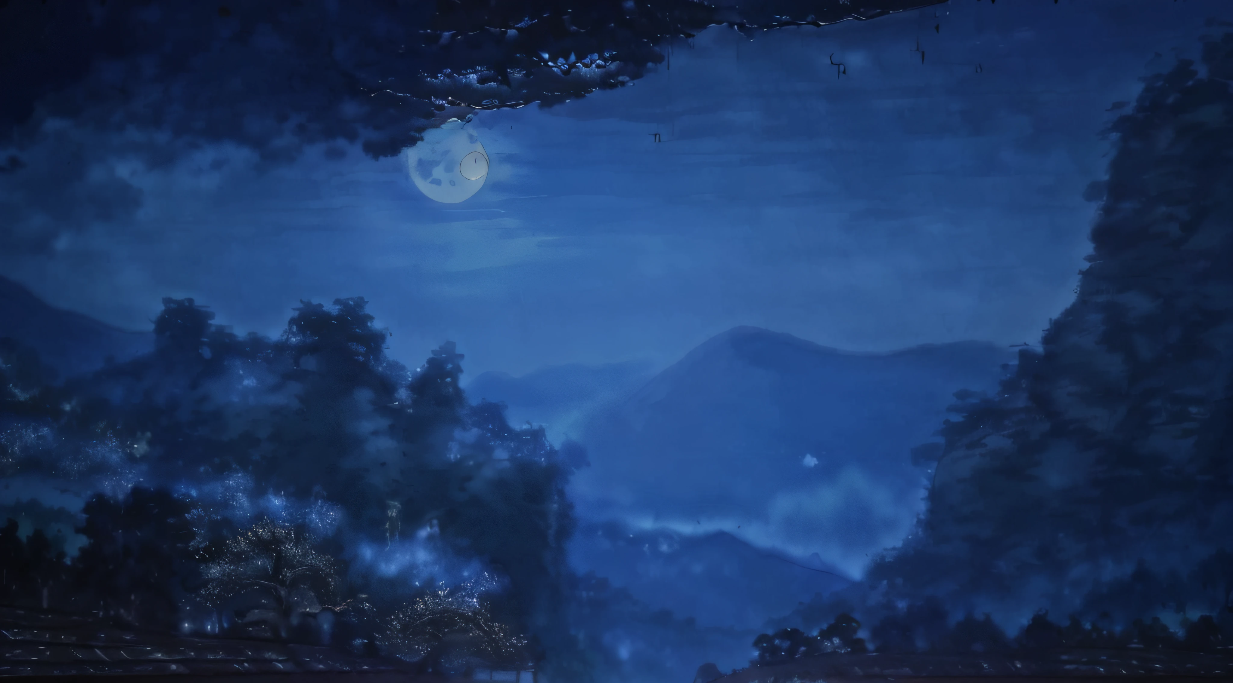 There is a painting of a full moon mountain view, moonlit backdrop, nighttime moonlit, Moonlit Night, moonlit nightscape, moonlit night dreamy atmosphere, luminescent matte painting, beautiful moonlight night, blueish moonlight, night time moonlight, nighttime scene, moon landscape, soft blue moonlight, beautiful moon light, Moonlight night, blueish moonlight
