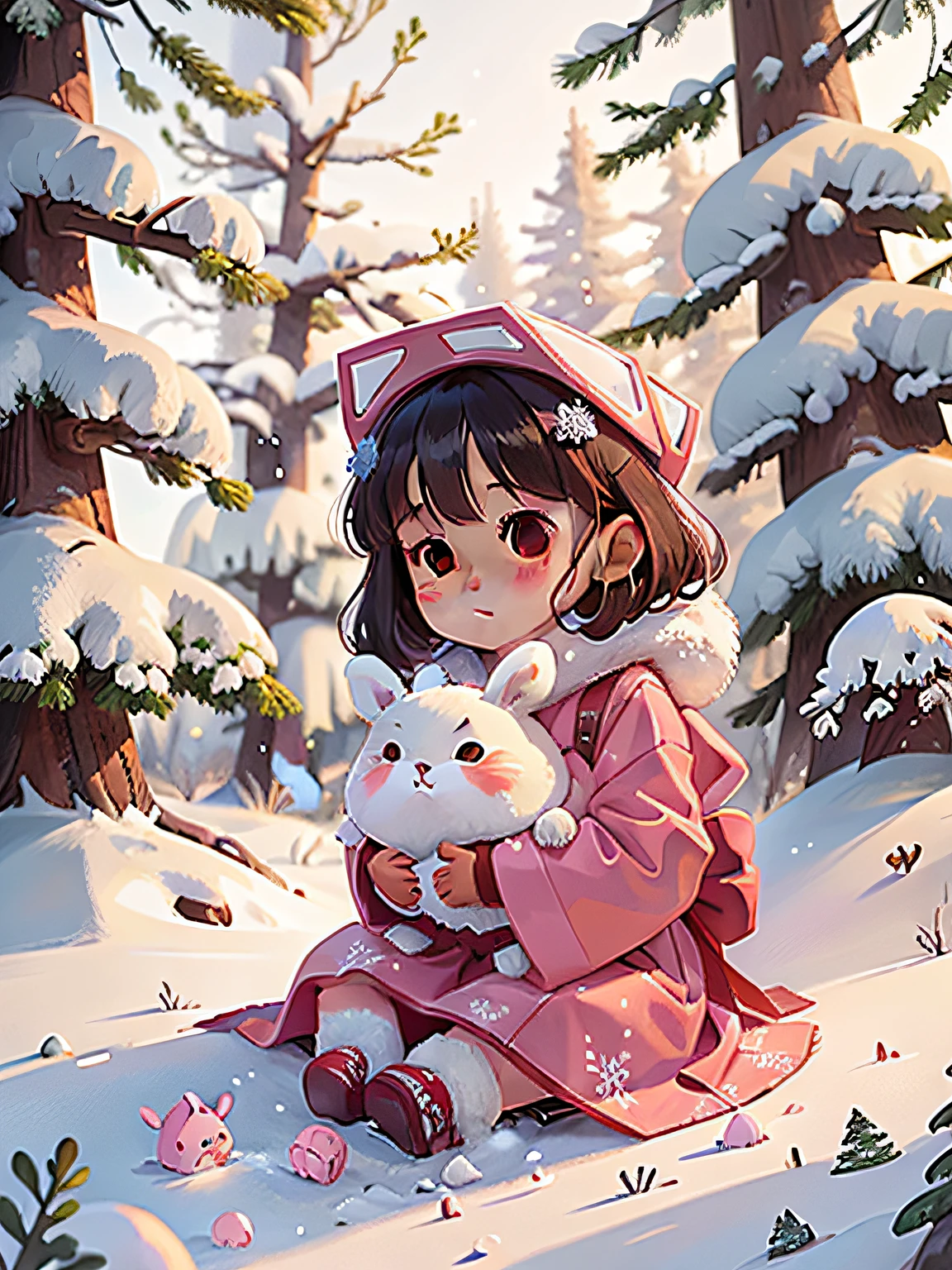 Pine trees covered with snow A little girl sitting happily on a snowflake, Huge hexagonal snowflakes, Wearing a white fur tie, Dressed in pink Hanfu, A small white rabbit，Light and shadow, A masterpiece