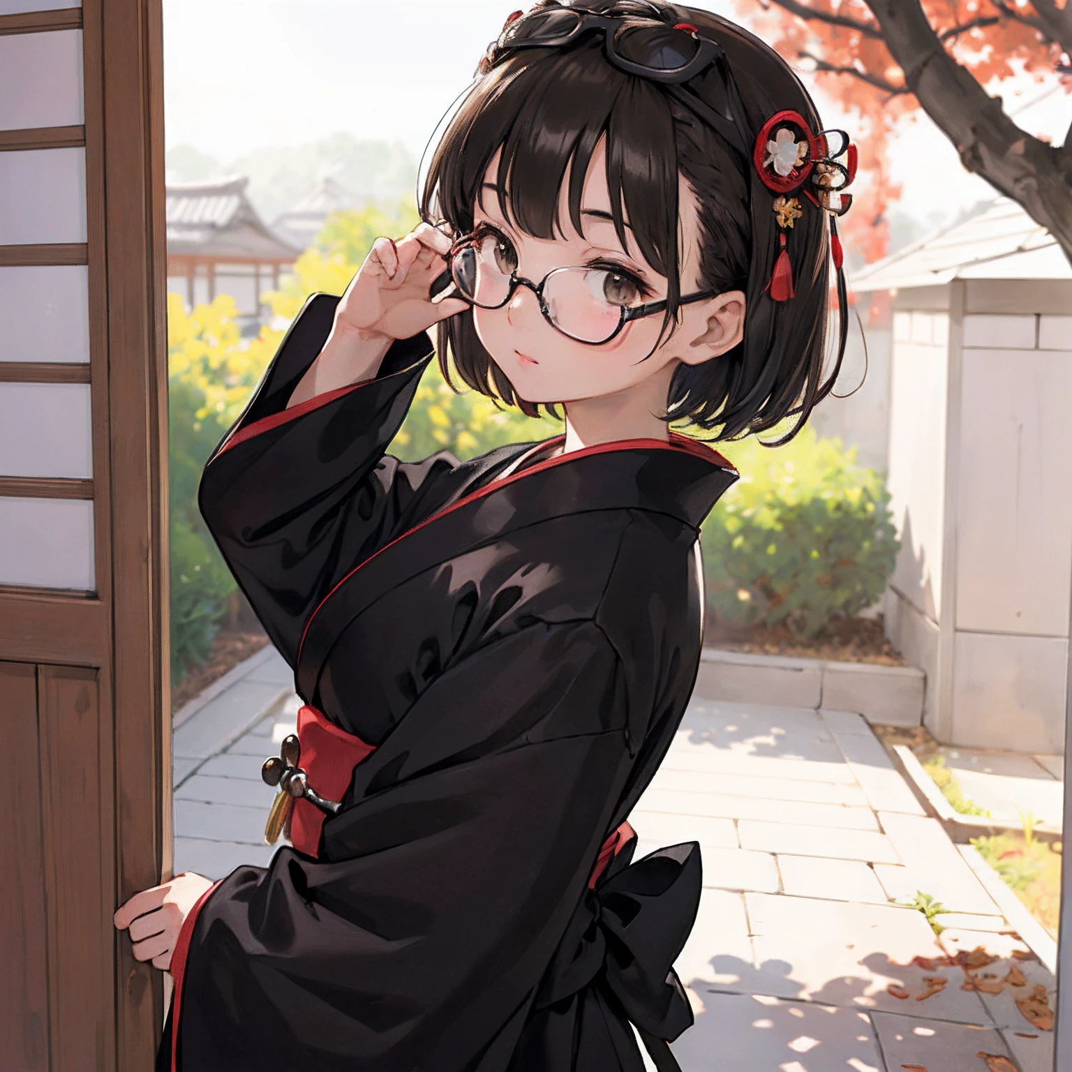 (masutepiece, Best Quality, Capture super cute moments, depth of fields, ultra-detailliert, Ultra High Resolution, C4D, Octadale, 3D Modeling, 8K, 16 K, one girls、a junior high school student、A dark-haired、short-hair、straight haired、Light brown eyes,hair adornments、wearing black glasses、Cute face), japanese kimono、12 Simple