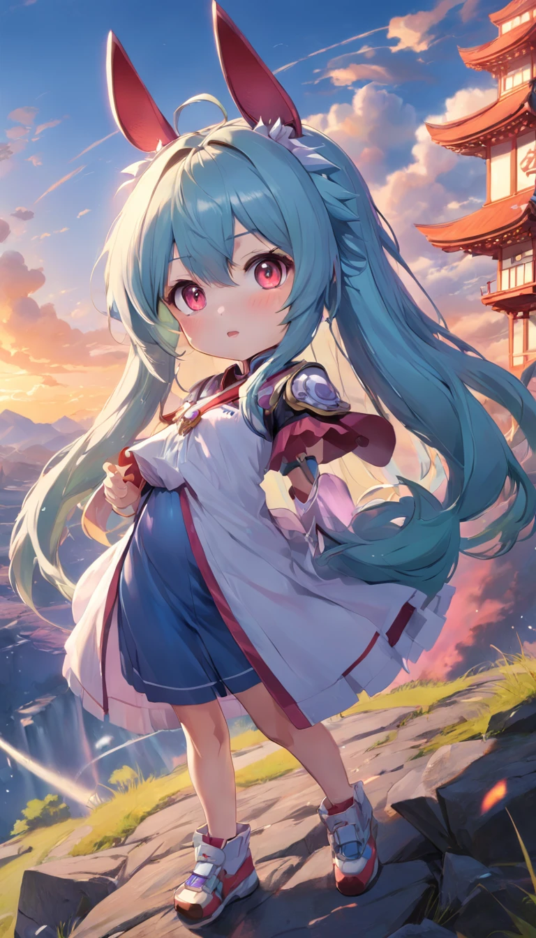 (Dynamic angle:1.4), ((Full body posing:1.5), (colorful:1.2), (extremely detailed CG unity 16k wallpaper:1.1), (Denoising strength: 1.45), (tmasterpiece:1.37), ((official art)), top quality, sunset, sky, the top of the hill, steam, game_cg, science_fiction, monster, double_bun, shiny hair, multicolored hair, slit pupils, miko, chibi, pointy ears, white eyebrows, tsurime, chiaroscuro, cinematic lighting, chromatic aberration, sparkle, ray tracing, blending, Ultra-Wide Angle, f/1.8, Hasselblad, Sony FE GM, (masterpiece), (masterpiece), masterpiece, best quality, UHD