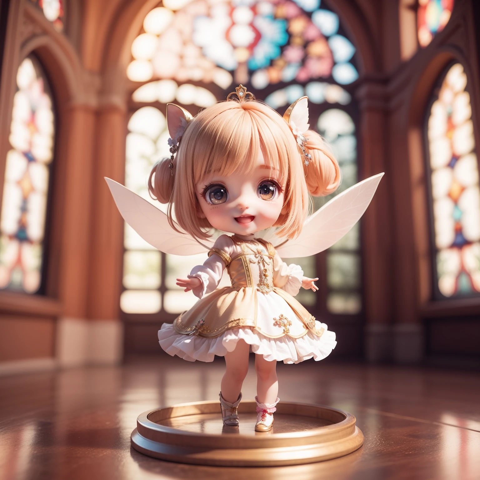 Cute Baby Chibi Anime、(((chibi3d))) (best quality), (masterpiece)、Chibi Fairy、Stained glass feathers、5man、Hand in a circle、Floating in the air、smaller face、Costumes embellished with jewels、Open your mouth and smile、A detailed face、fullllbody、Fairytale Forest